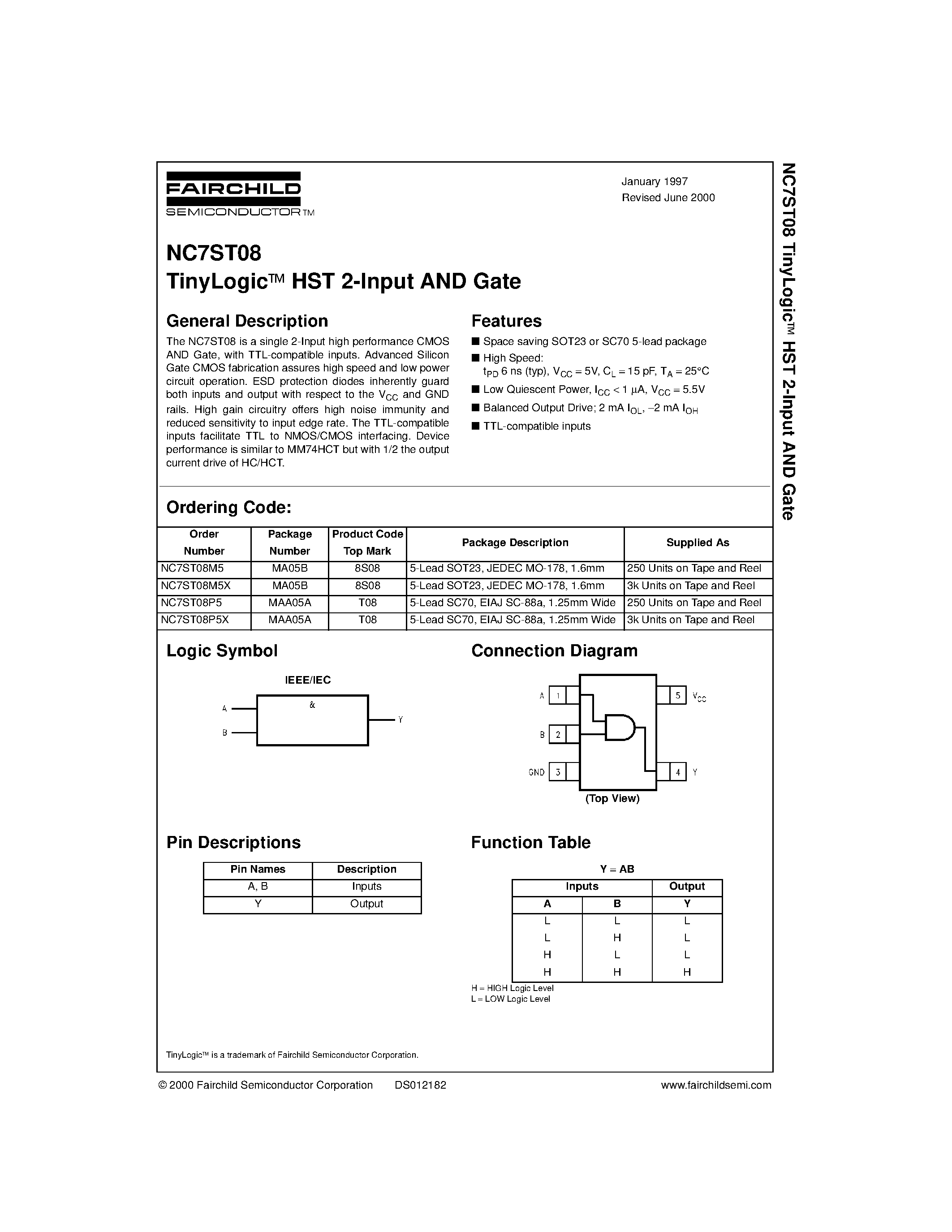 Datasheet NC7ST08 - TinyLogic HST 2-Input AND Gate page 1