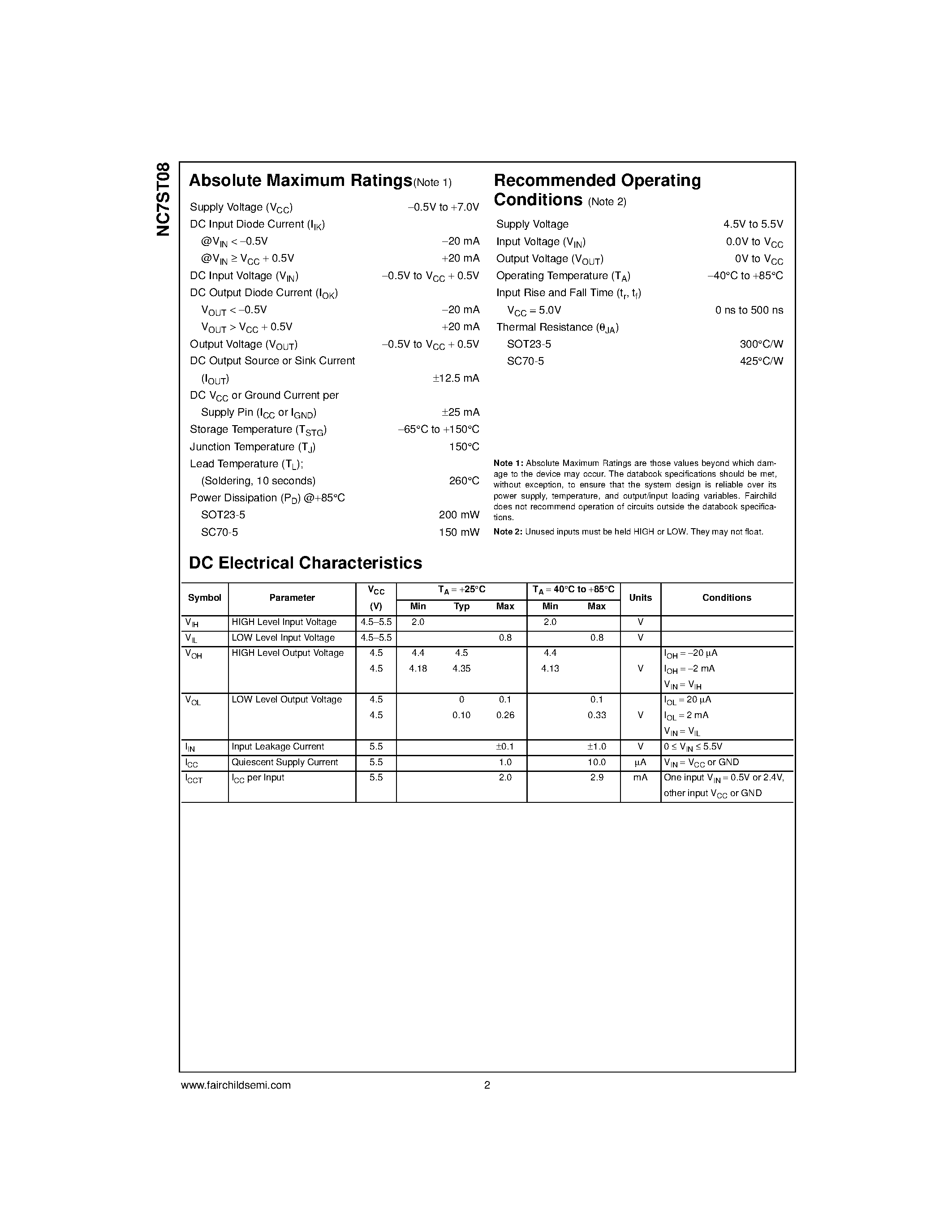 Datasheet NC7ST08M5X - TinyLogic HST 2-Input AND Gate page 2