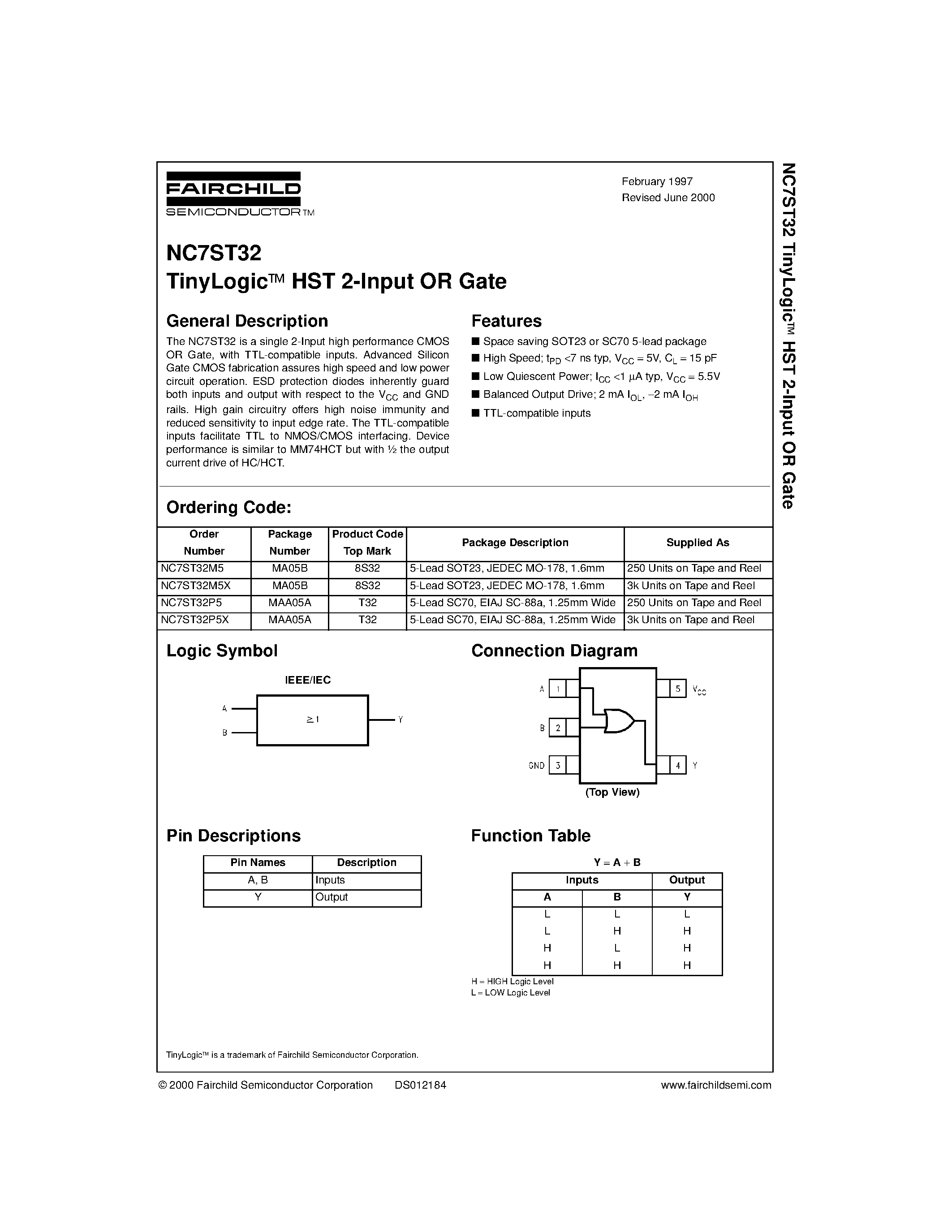 Datasheet NC7ST32M5 - TinyLogic HST 2-Input OR Gate page 1