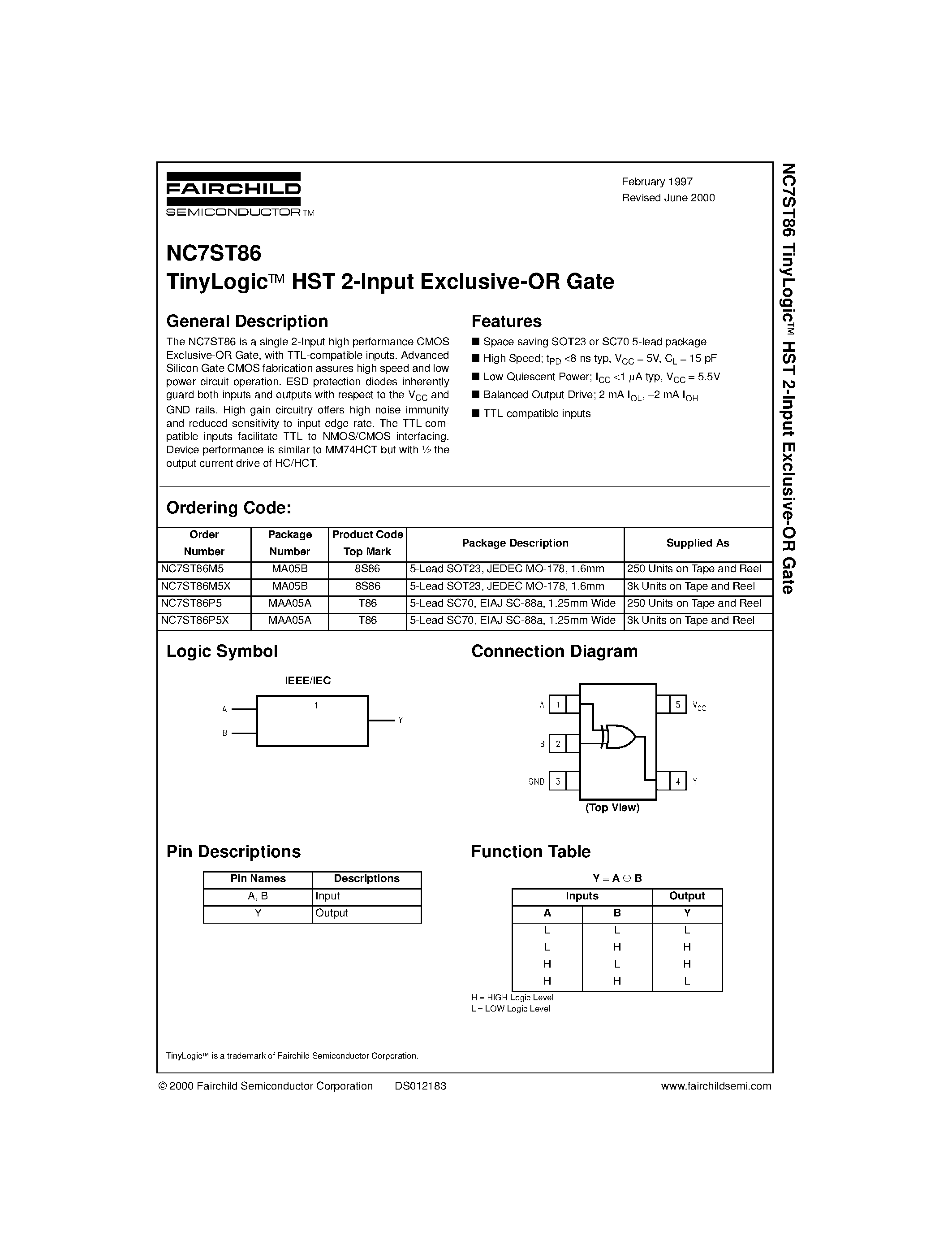 Datasheet NC7ST86 - TinyLogic HST 2-Input Exclusive-OR Gate page 1