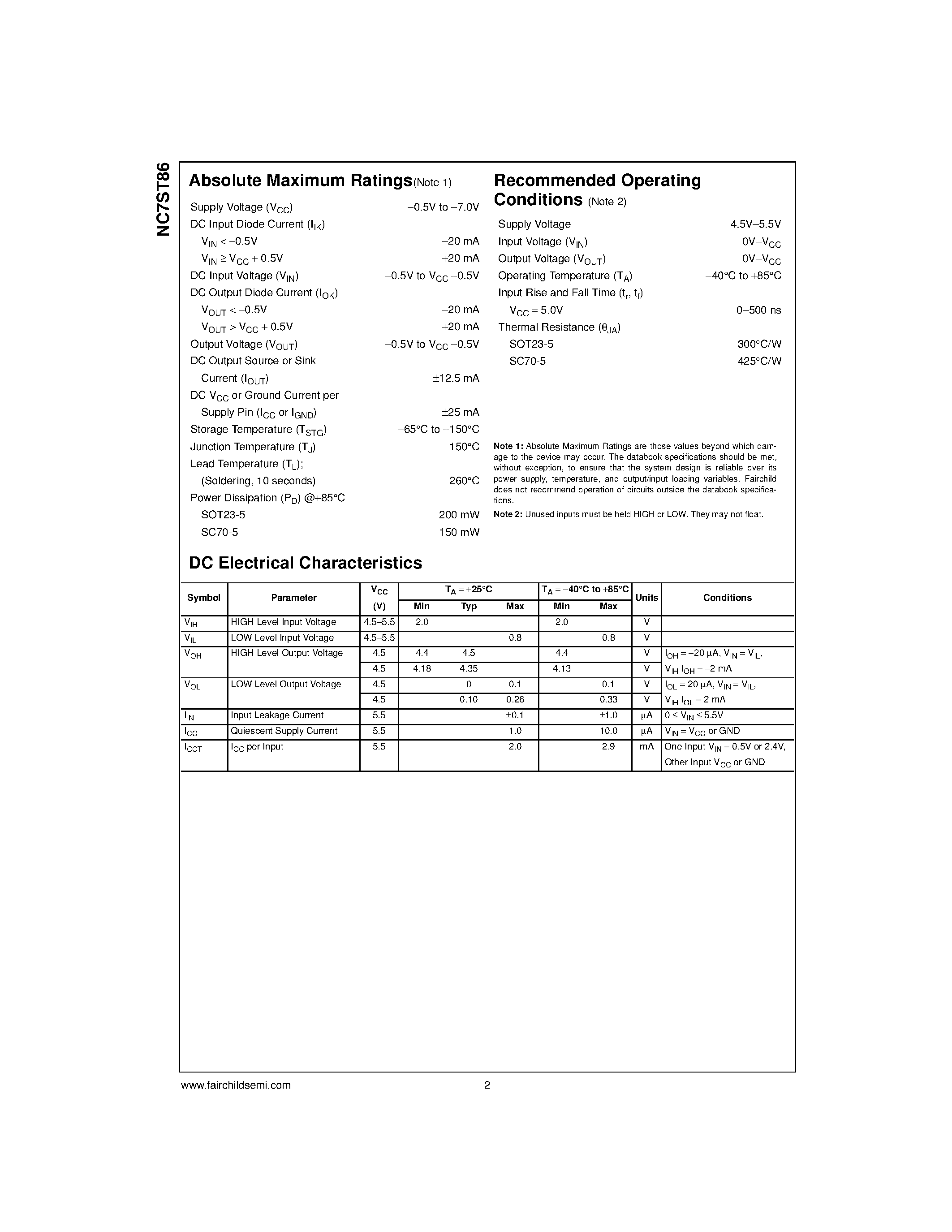 Datasheet NC7ST86M5X - TinyLogic HST 2-Input Exclusive-OR Gate page 2
