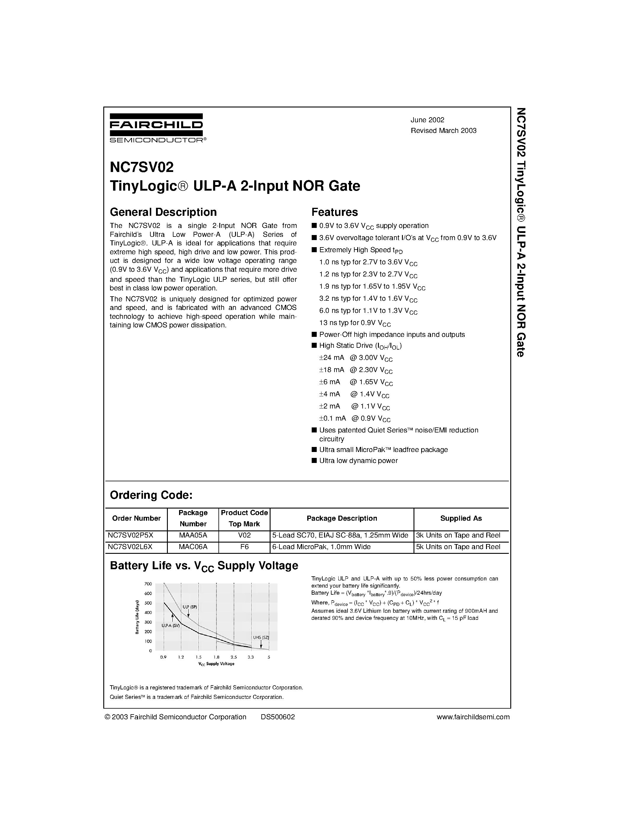 Datasheet NC7SV02L6X page 1 Datasheet NC7SV02L6X - TinyLogic ULP-A 2-Input NOR Gate page 1