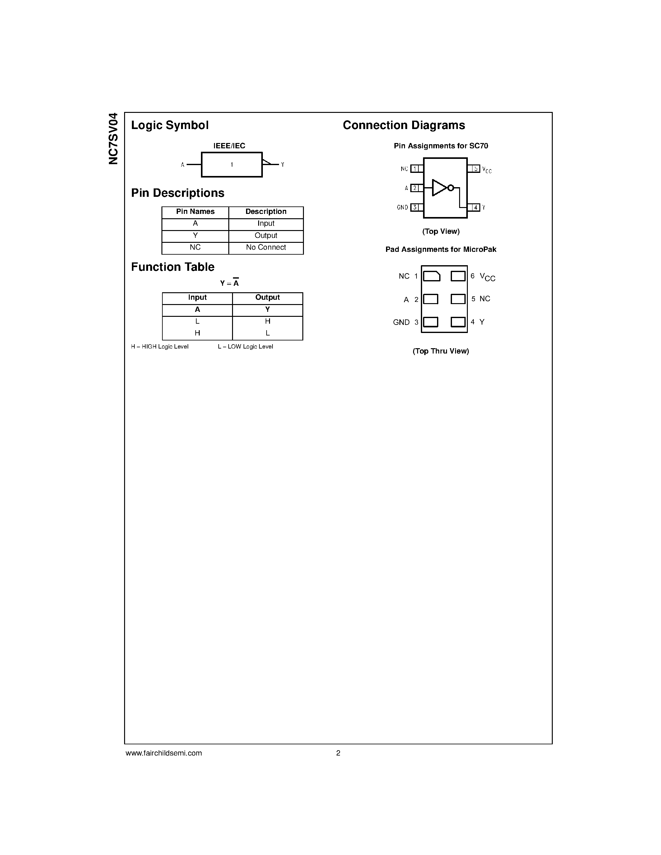 Datasheet NC7SV04L6X page 2 Datasheet NC7SV04L6X - TinyLogic ULP-A Inverter page 2