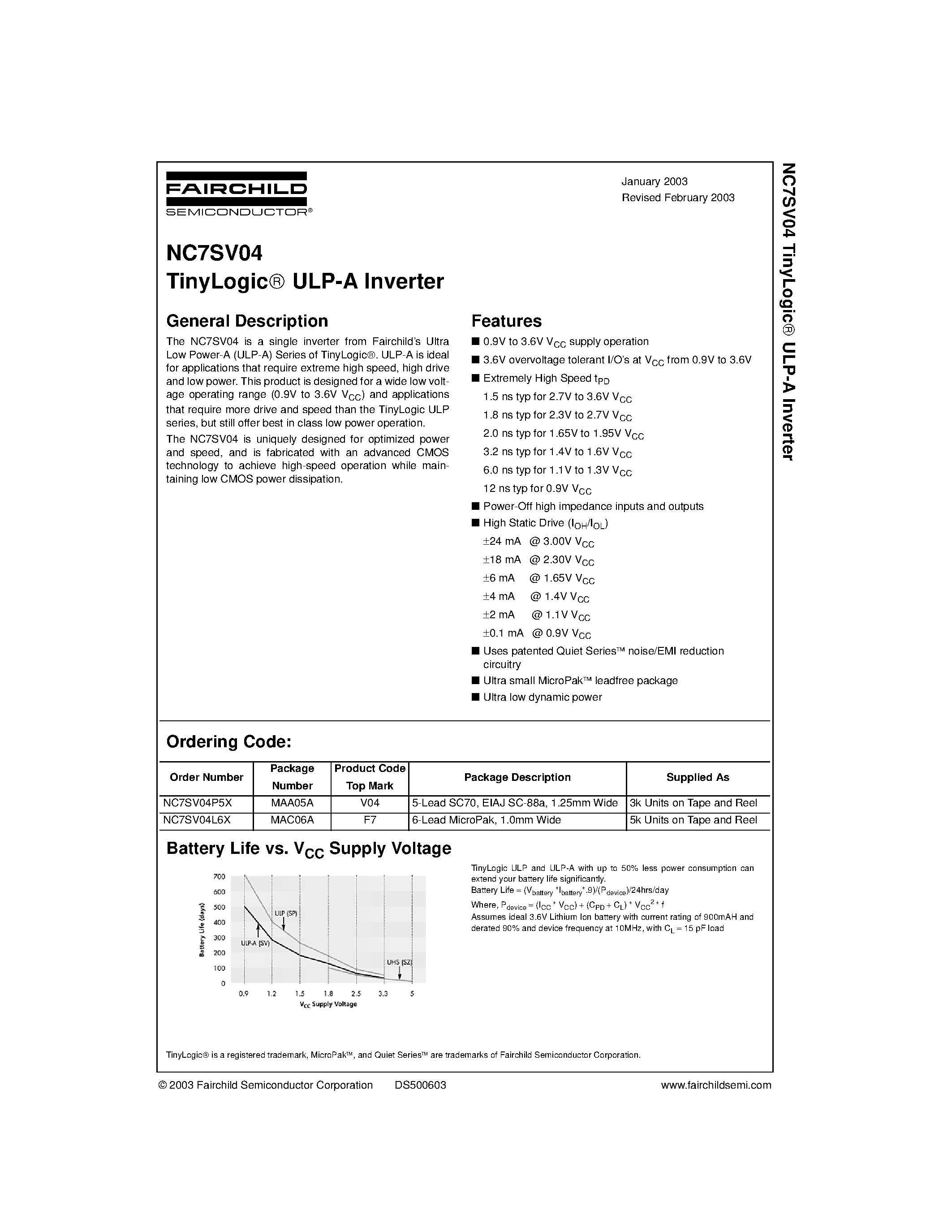 Datasheet NC7SV04P5X page 1 Datasheet NC7SV04P5X - TinyLogic ULP-A Inverter page 1