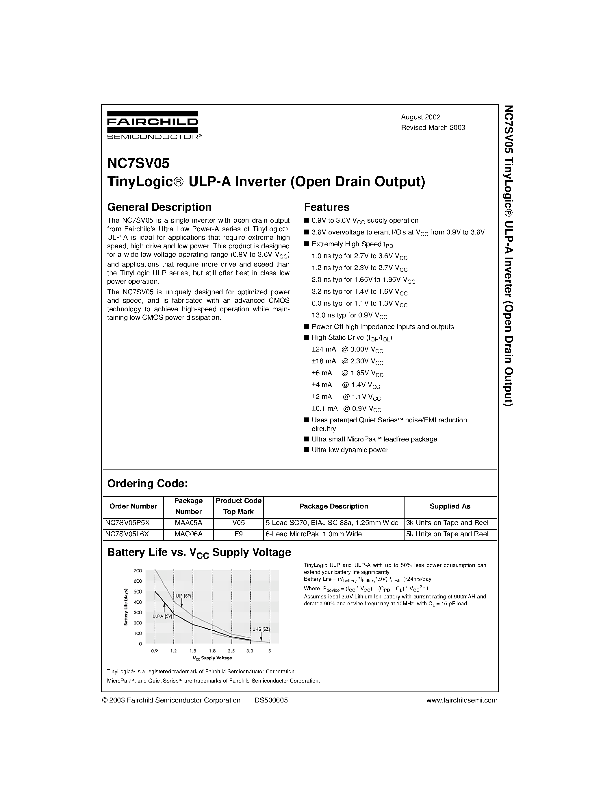 Datasheet NC7SV05P5X - TinyLogic ULP-A Inverter (Open Drain Output) page 1