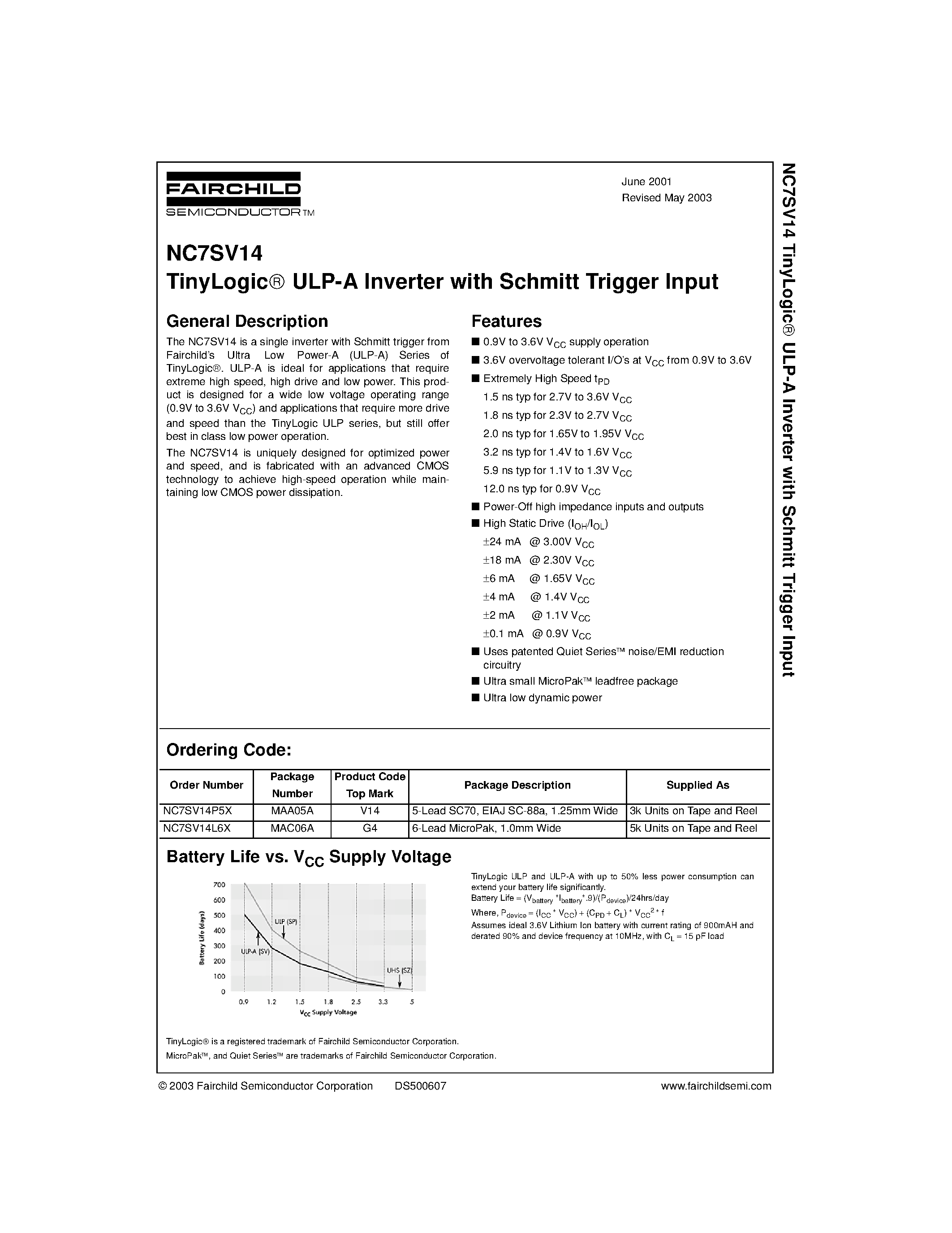 Datasheet NC7SV14 page 1 Datasheet NC7SV14 - TinyLogic ULP-A Inverter with Schmitt Trigger Input page 1