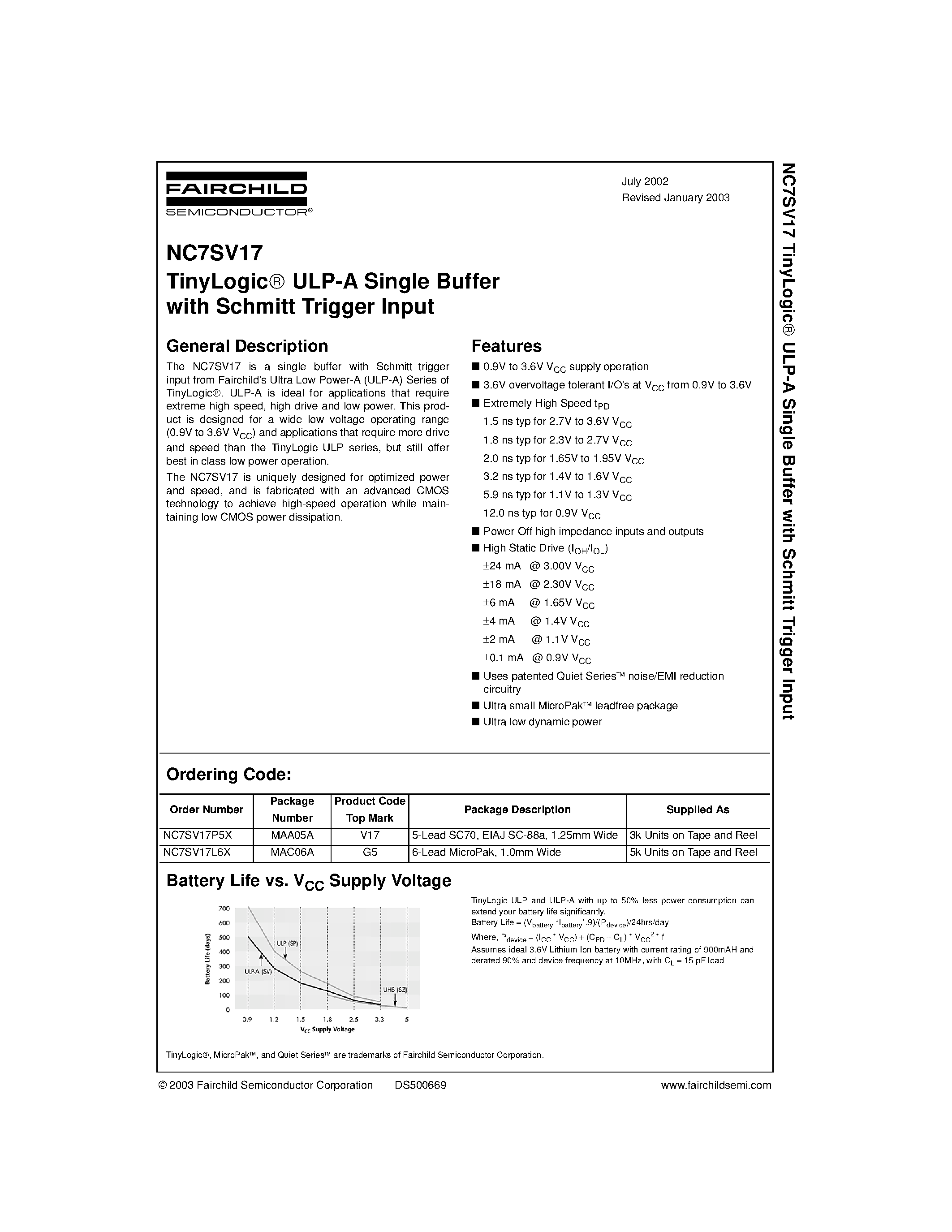 Datasheet NC7SV17P5X page 1 Datasheet NC7SV17P5X - TinyLogic. ULP-A Single Buffer with Schmitt Trigger Input page 1