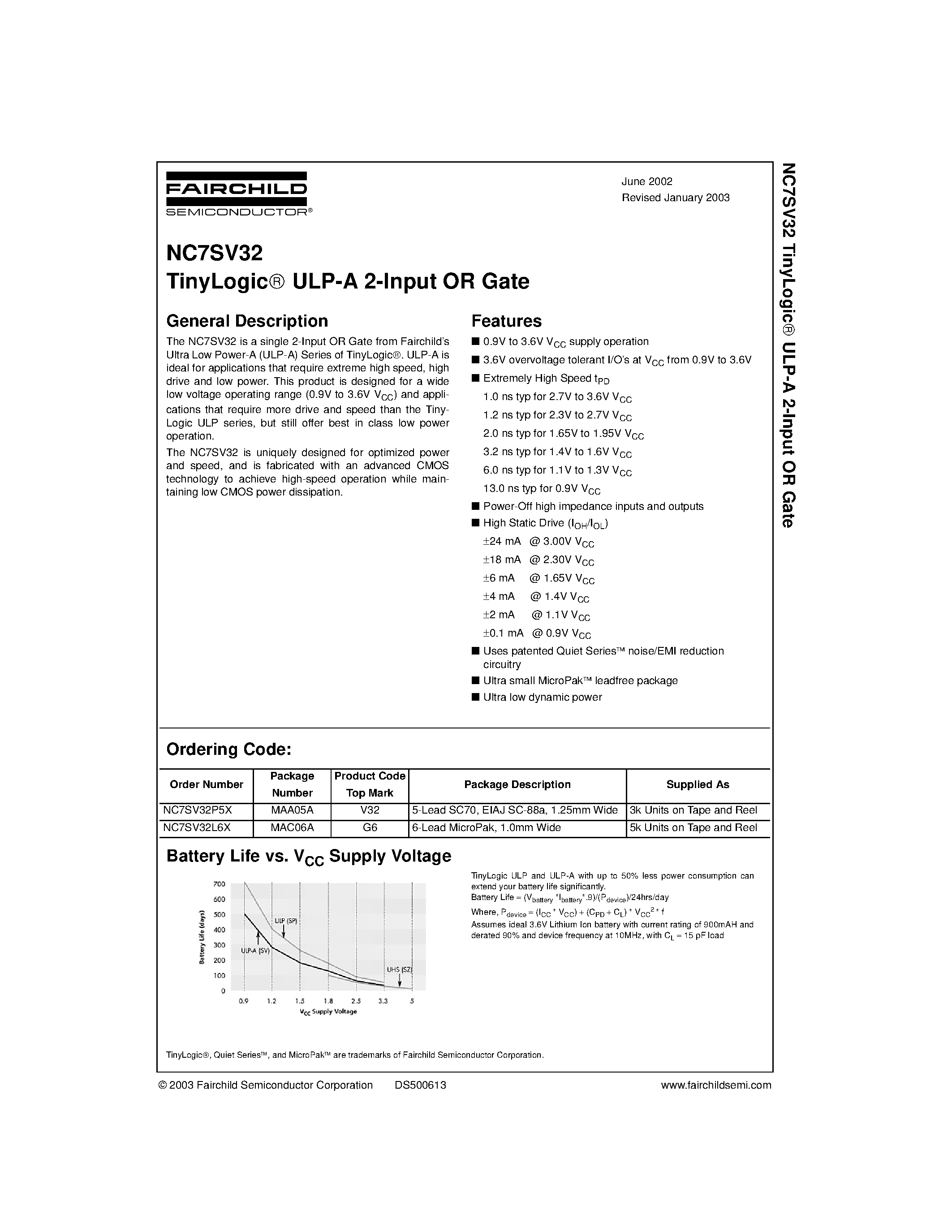 Datasheet NC7SV32L6X - TinyLogic ULP-A 2-Input OR Gate page 1