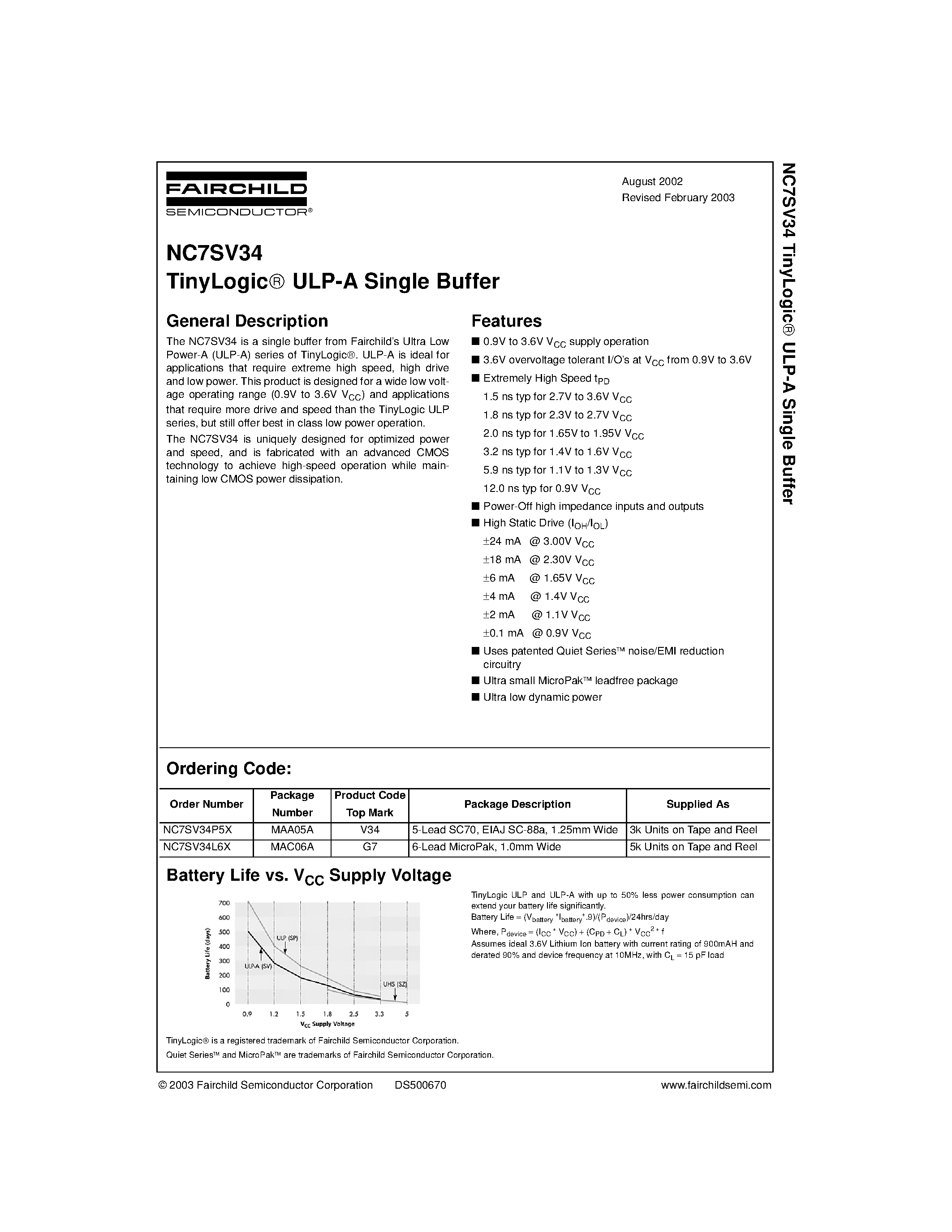 Datasheet NC7SV34L6X - TinyLogic ULP-A Single Buffer page 1