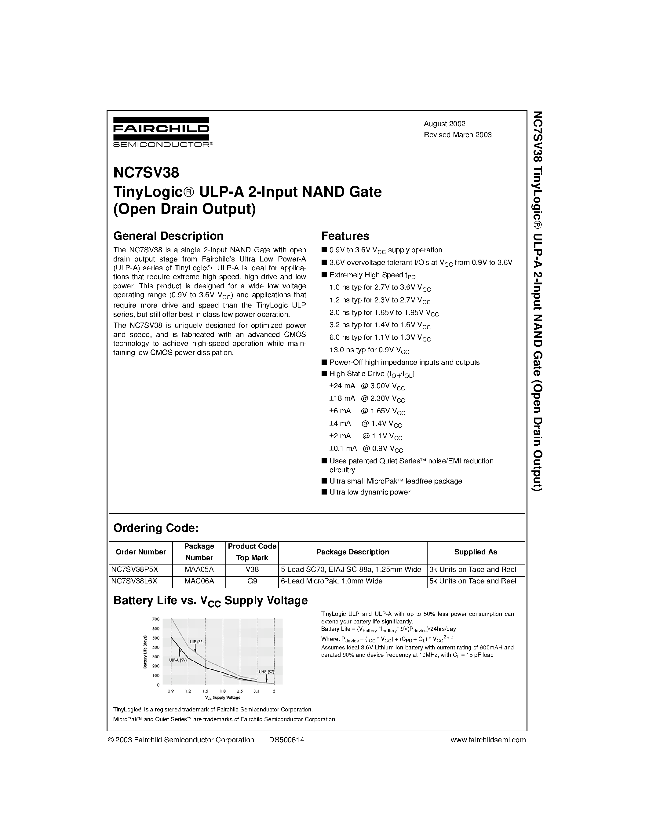 Datasheet NC7SV38P5X page 1 Datasheet NC7SV38P5X - TinyLogic. ULP-A 2-Input NAND Gate (Open Drain Output) page 1