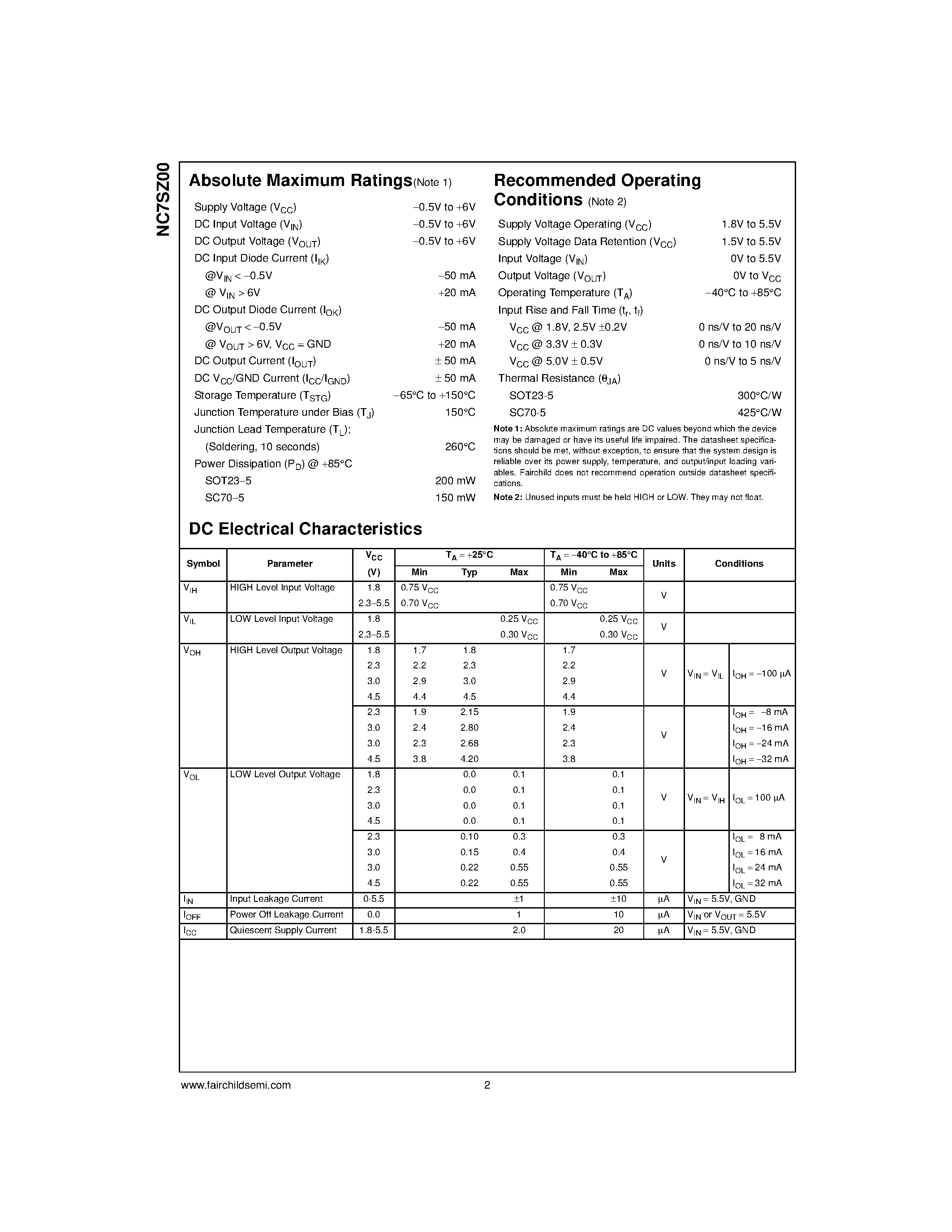 Datasheet NC7SZ00P5 - TinyLogic UHS 2-Input NAND Gate page 2