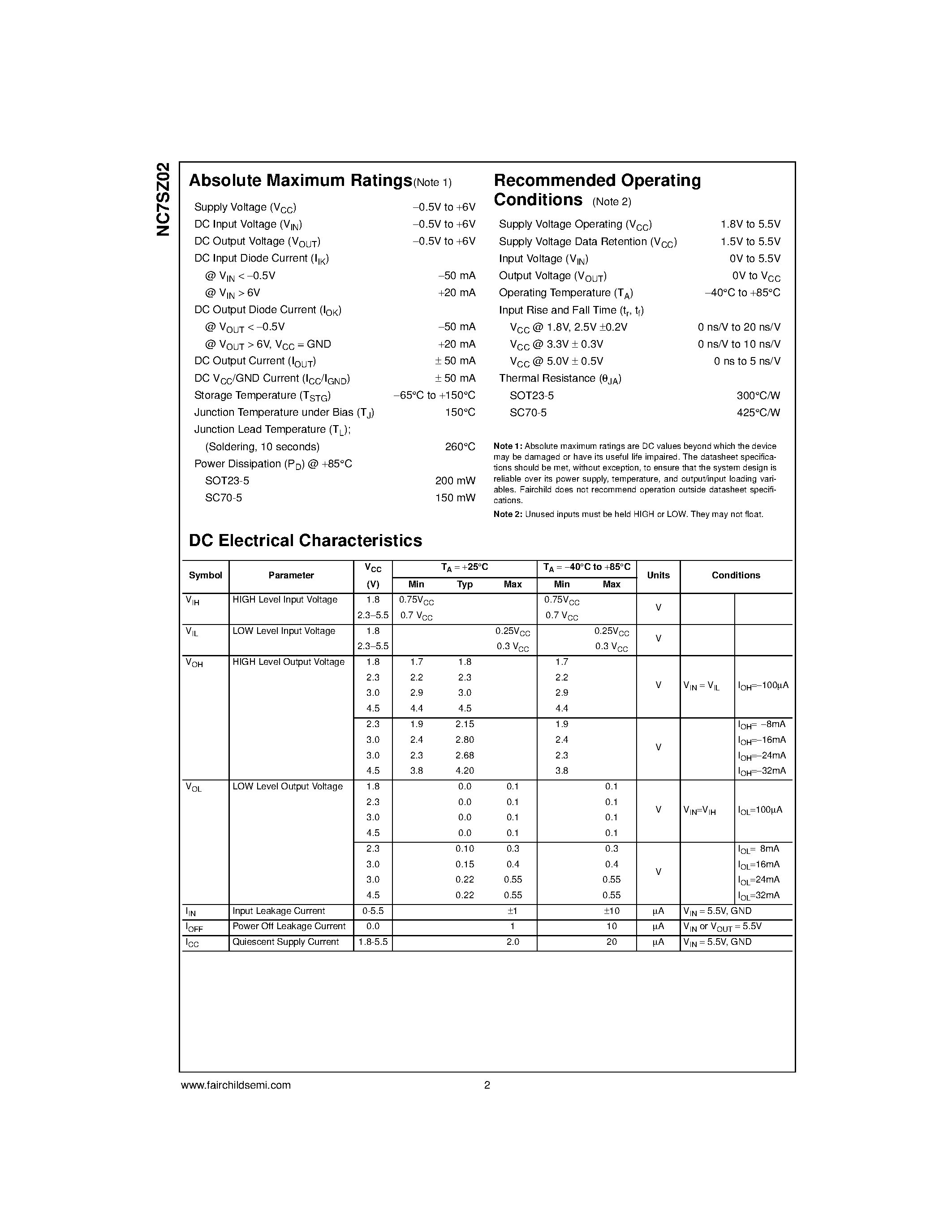 Datasheet NC7SZ02M5 - TinyLogic UHS 2-Input NOR Gate page 2