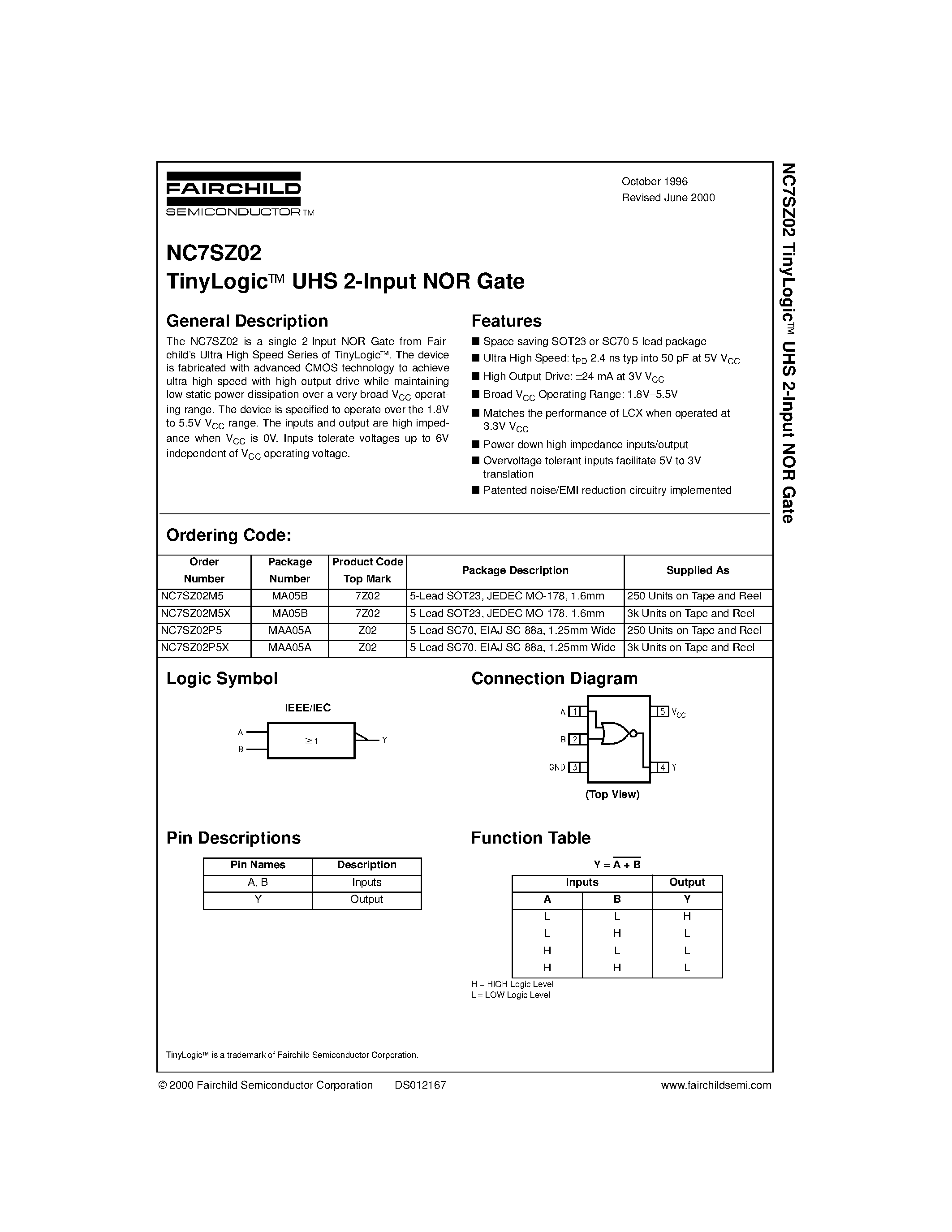 Datasheet NC7SZ02M5X - TinyLogic UHS 2-Input NOR Gate page 1