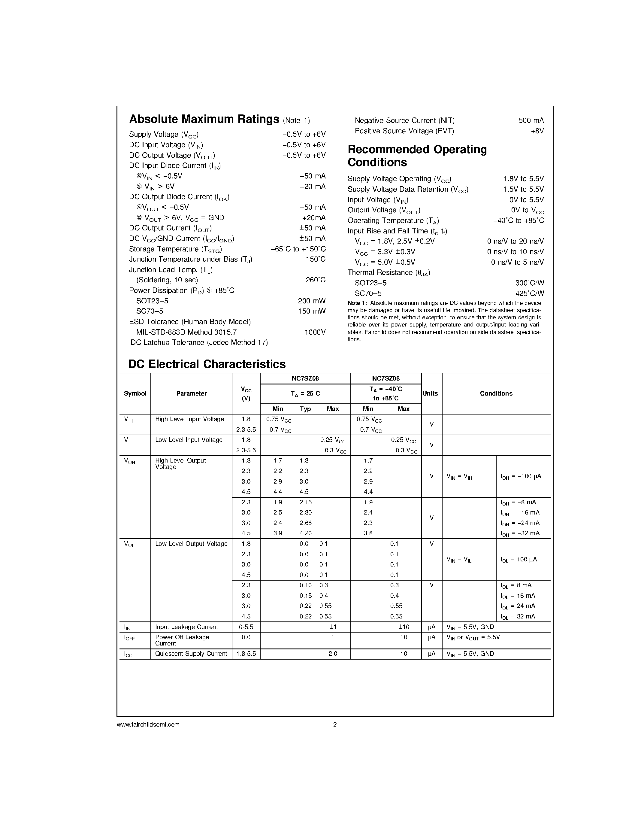 Datasheet NC7SZ08 - TinyLogic UHS 2-Input AND Gate page 2