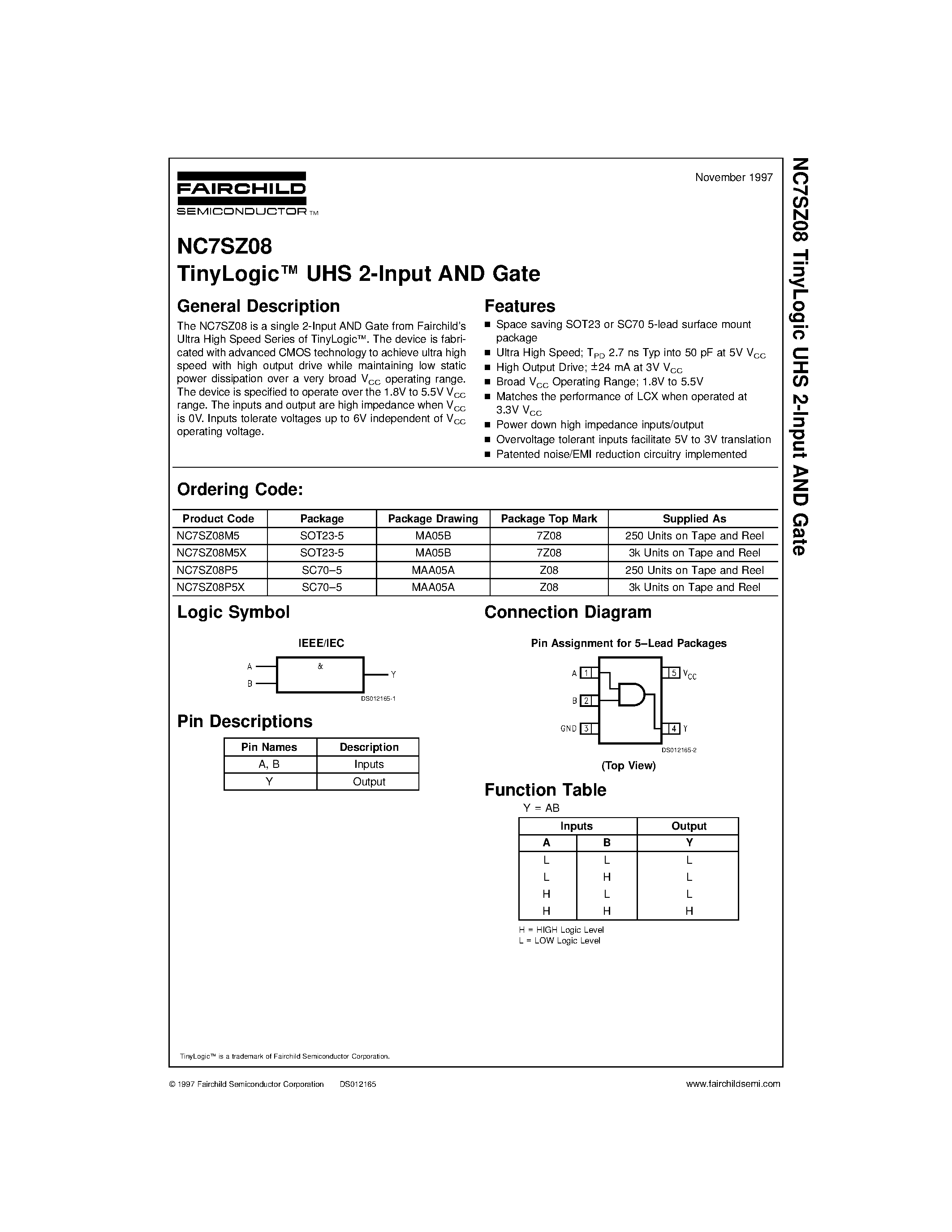 Datasheet NC7SZ08M5X - TinyLogic UHS 2-Input AND Gate page 1