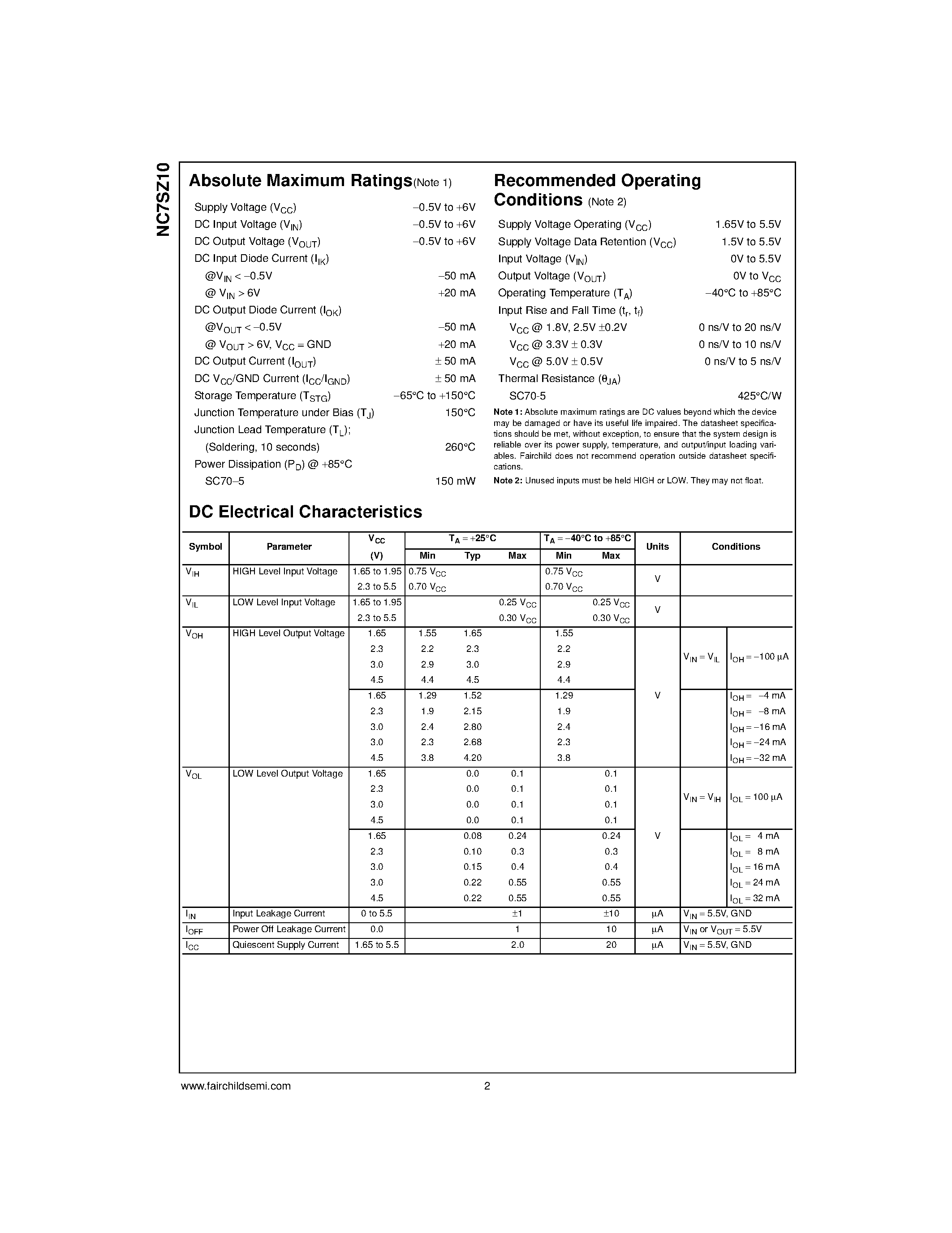 Datasheet NC7SZ10L6X page 2 Datasheet NC7SZ10L6X - TinyLogic UHS 3-Input NAND Gate page 2