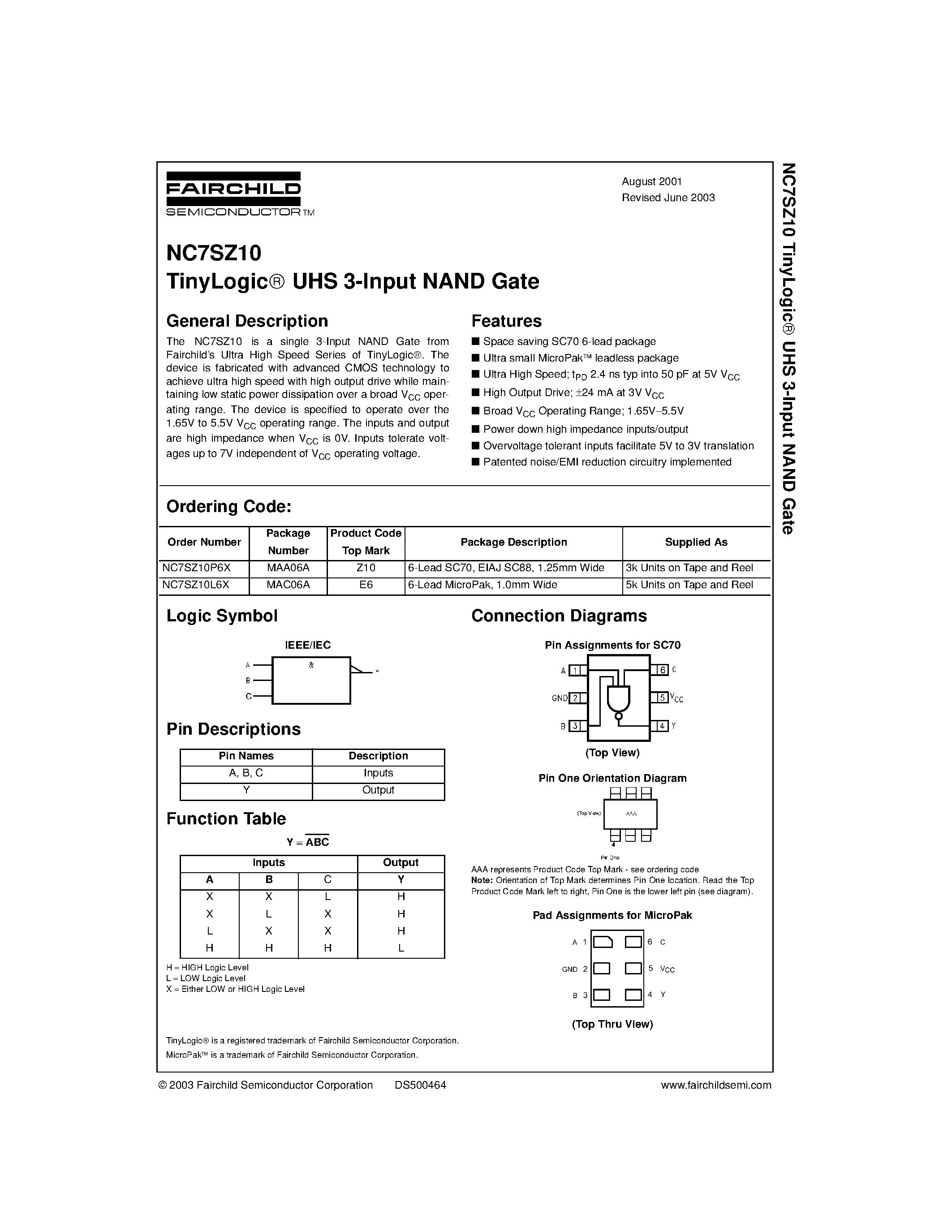 Datasheet NC7SZ10P6X - TinyLogic UHS 3-Input NAND Gate page 1