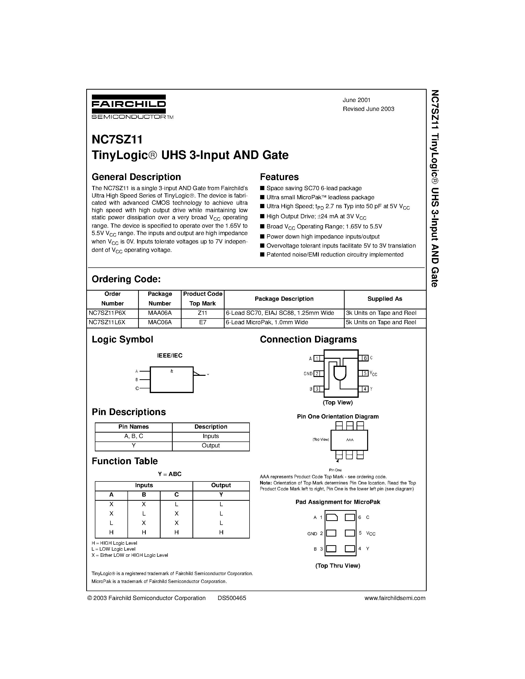 Datasheet NC7SZ11L6X - TinyLogic UHS 3-Input AND Gate page 1