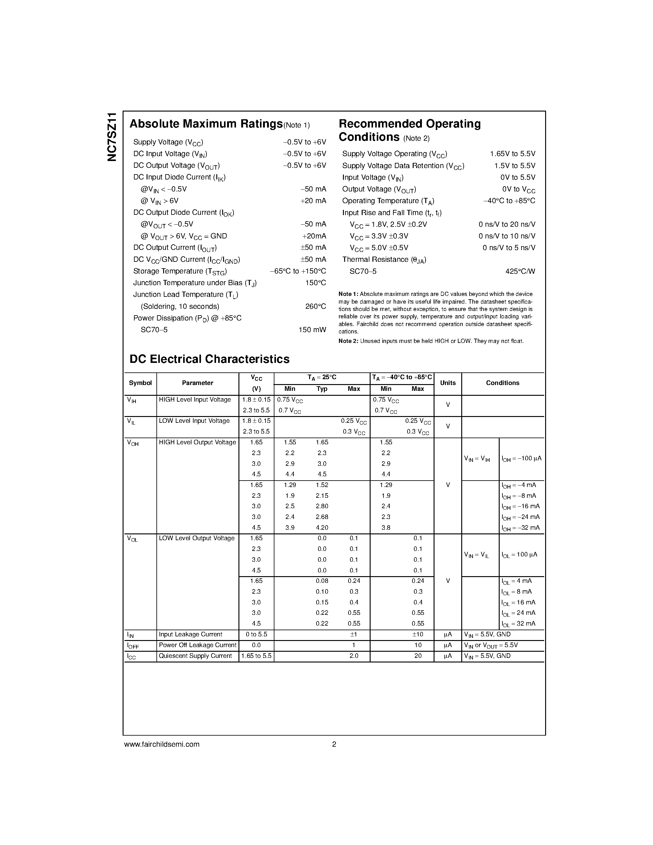 Datasheet NC7SZ11P6X - TinyLogic UHS 3-Input AND Gate page 2