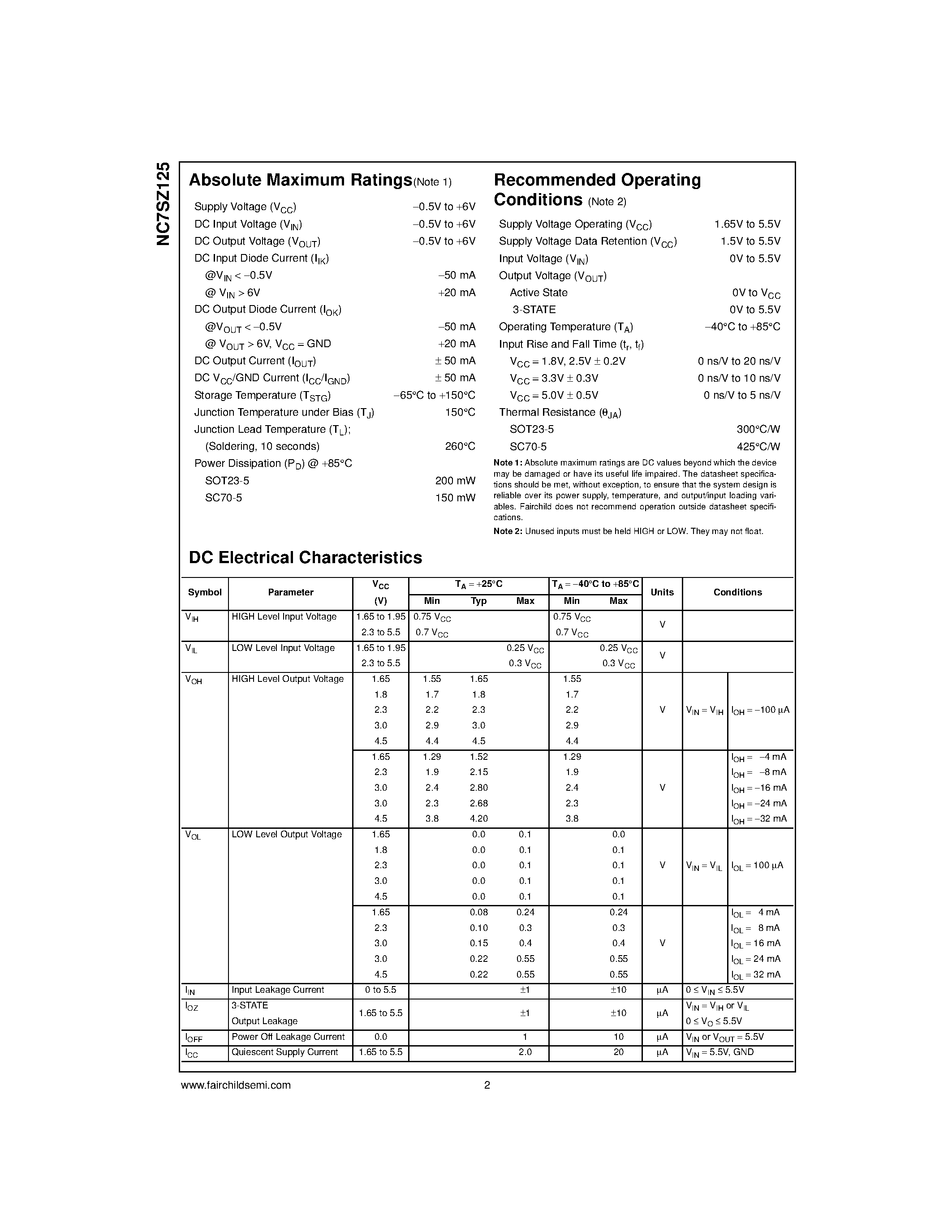 Datasheet NC7SZ125 - TinyLogic UHS Buffer with 3-STATE Output page 2