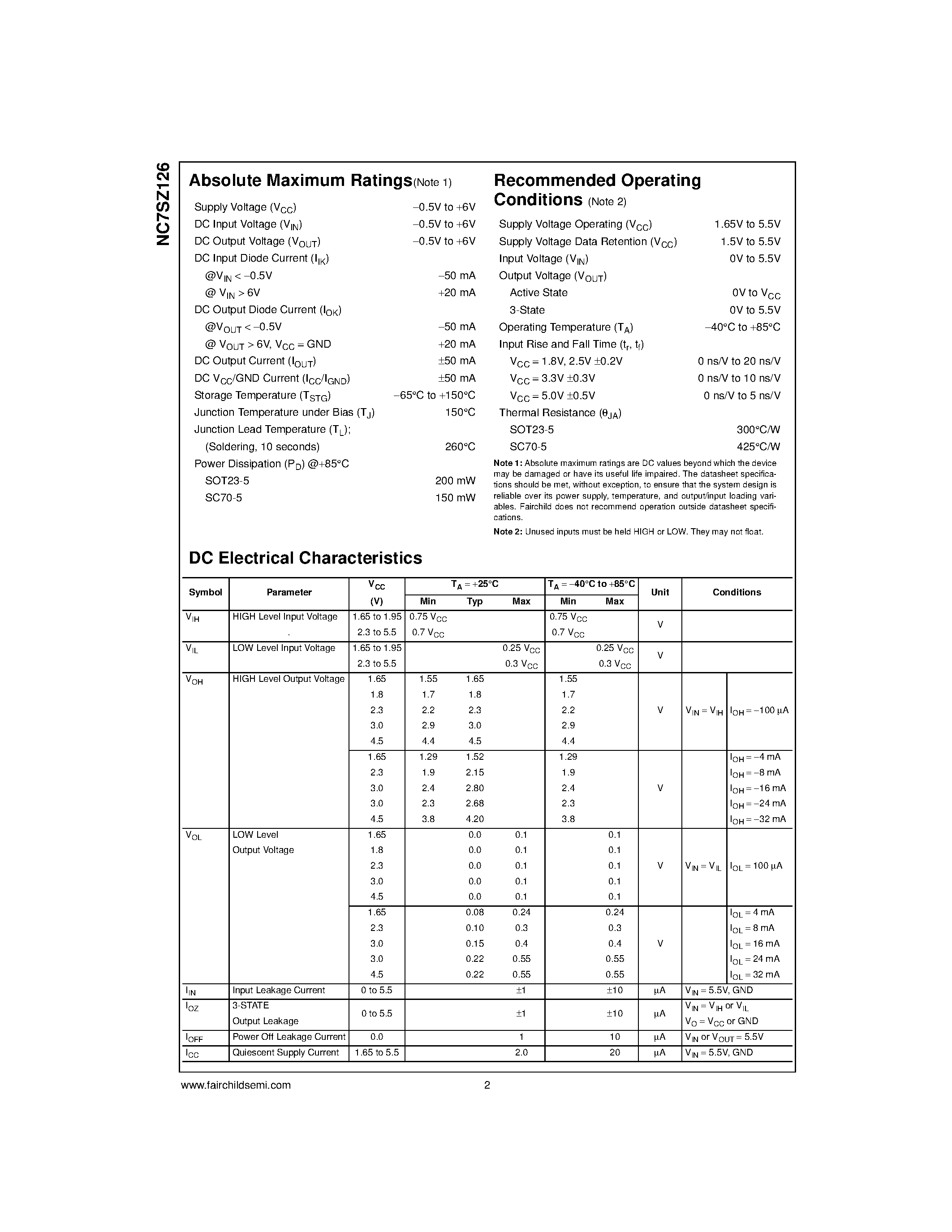 Datasheet NC7SZ126 - TinyLogic UHS Buffer with 3-STATE Output page 2