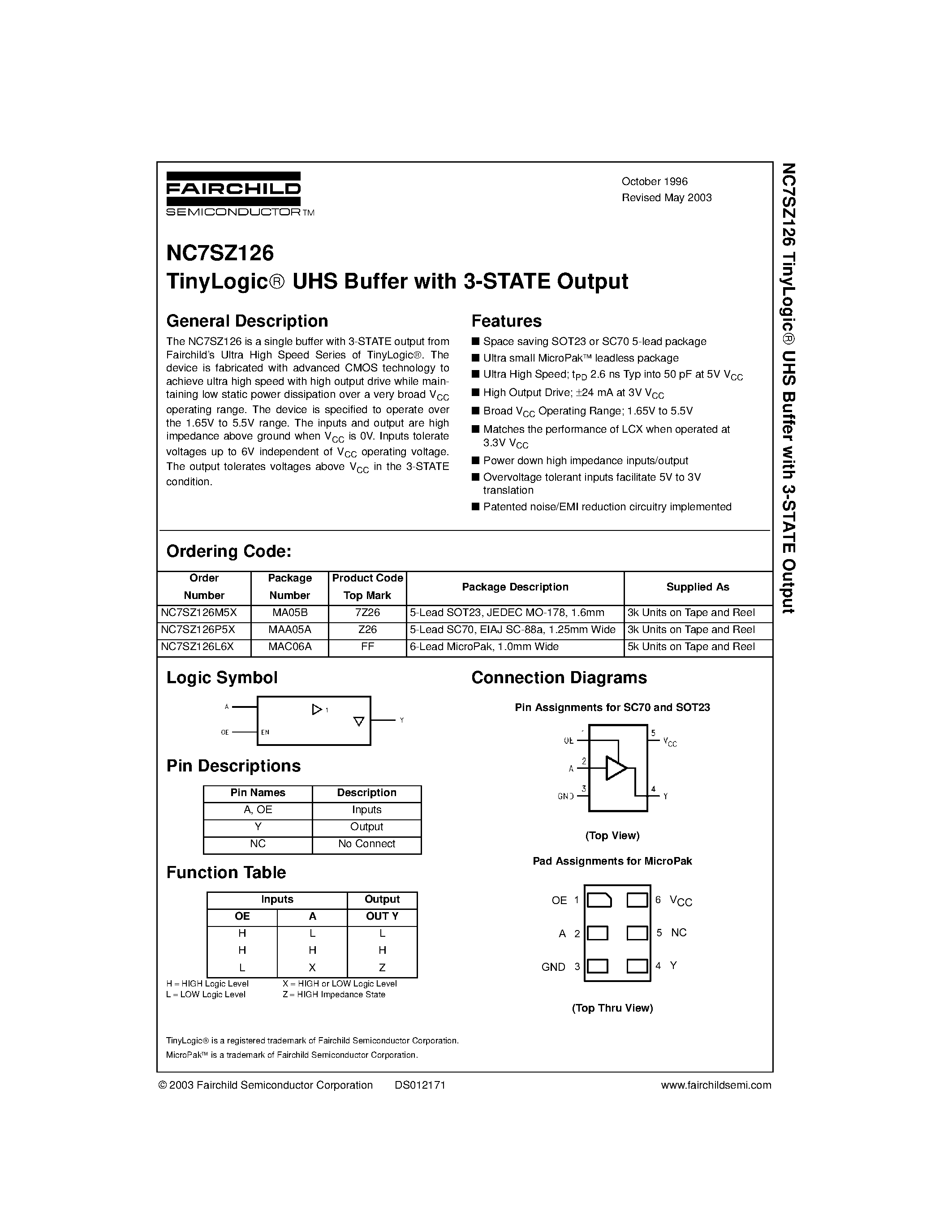 Datasheet NC7SZ126M5X - TinyLogic UHS Buffer with 3-STATE Output page 1