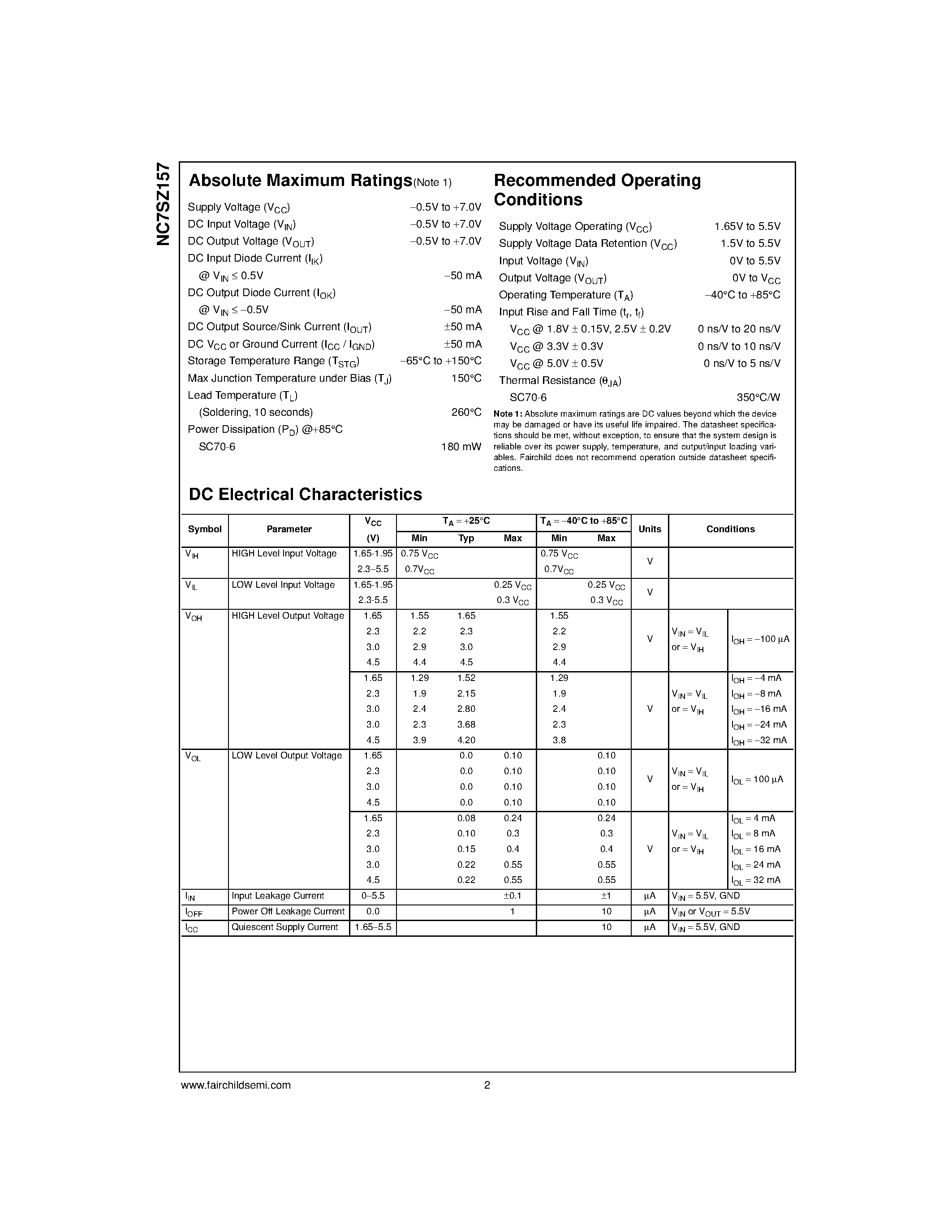Datasheet NC7SZ157L6X - TinyLogic UHS 2-Input Non-Inverting Multiplexer page 2