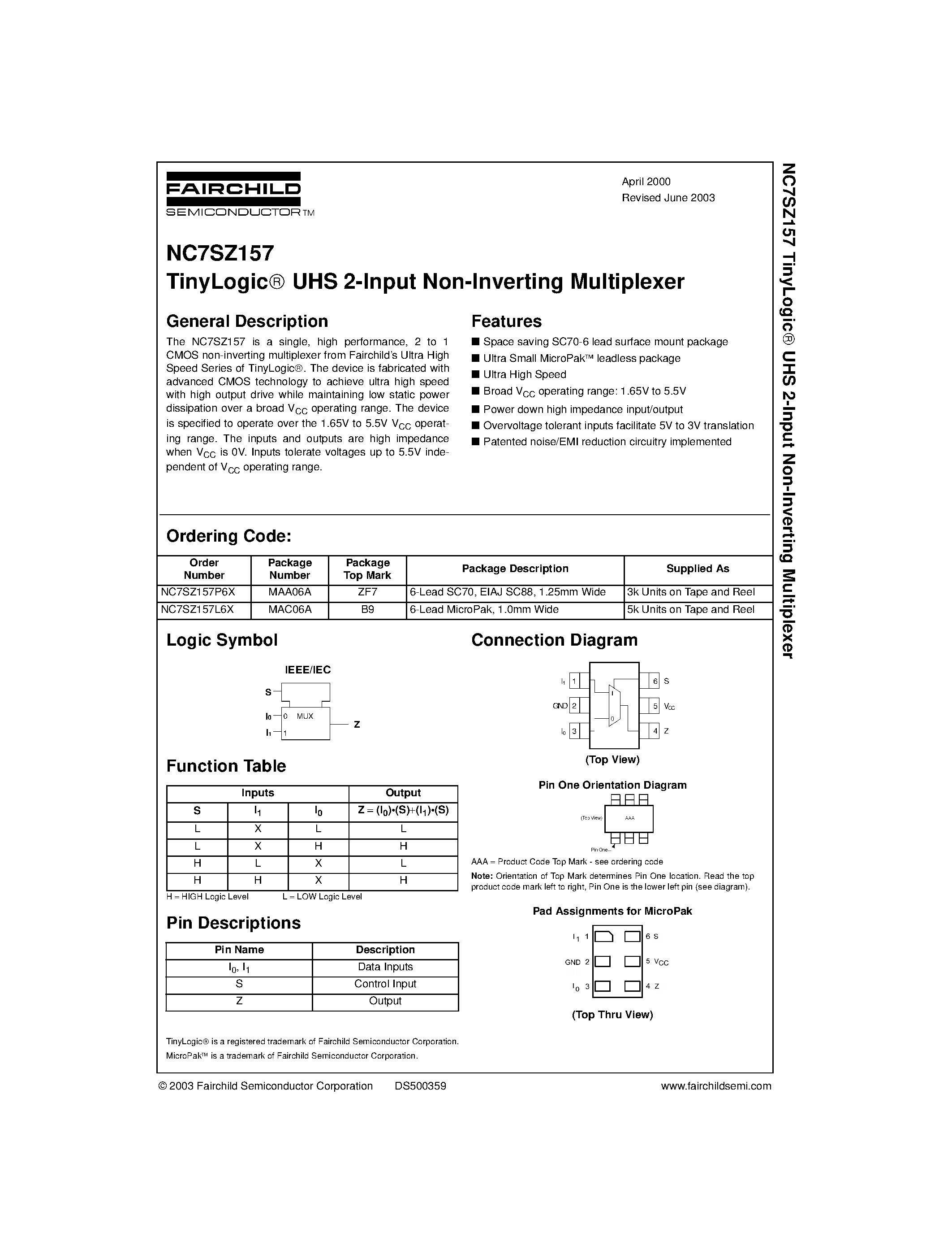 Datasheet NC7SZ157P6X - TinyLogic UHS 2-Input Non-Inverting Multiplexer page 1