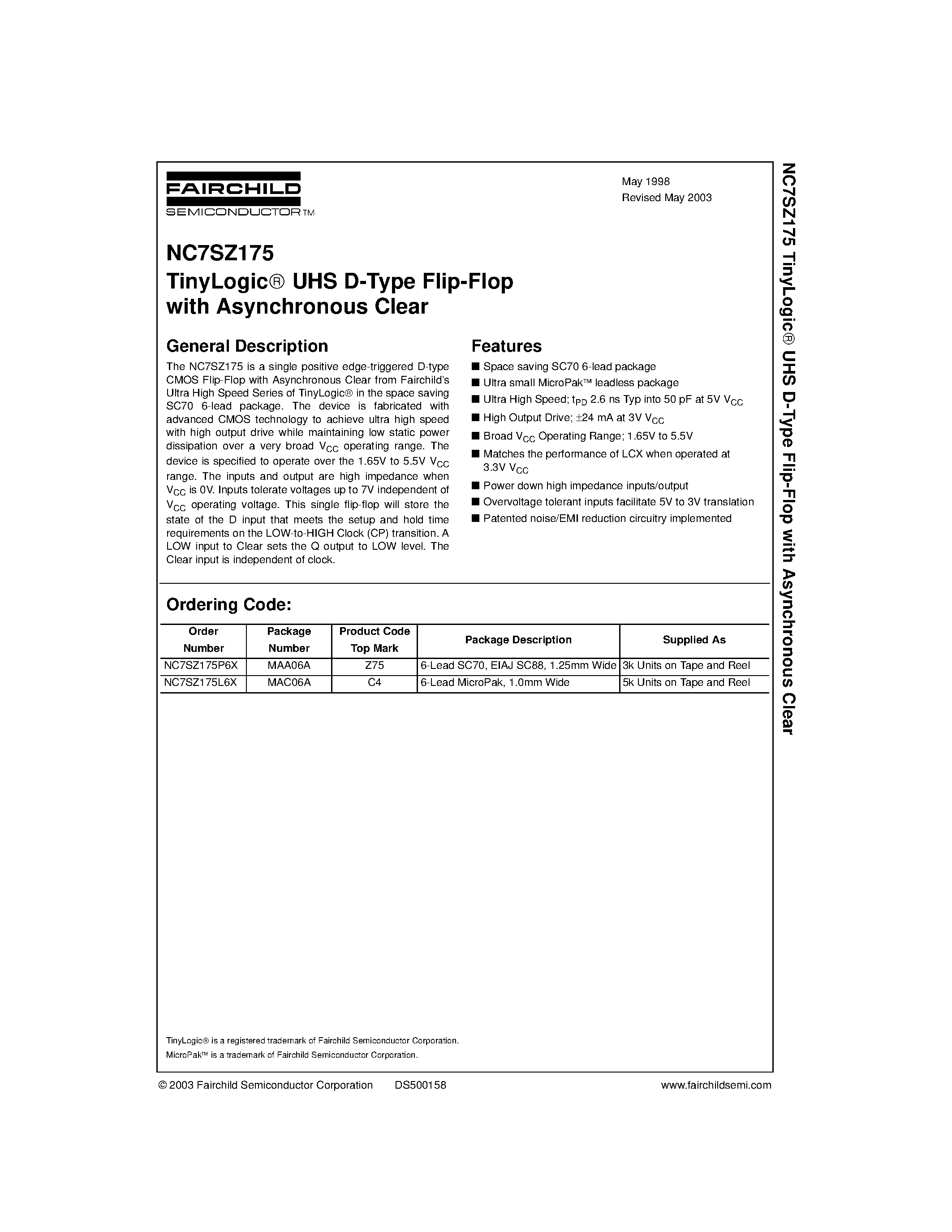 Datasheet NC7SZ175 - TinyLogic UHS D-Type Flip-Flop page 1