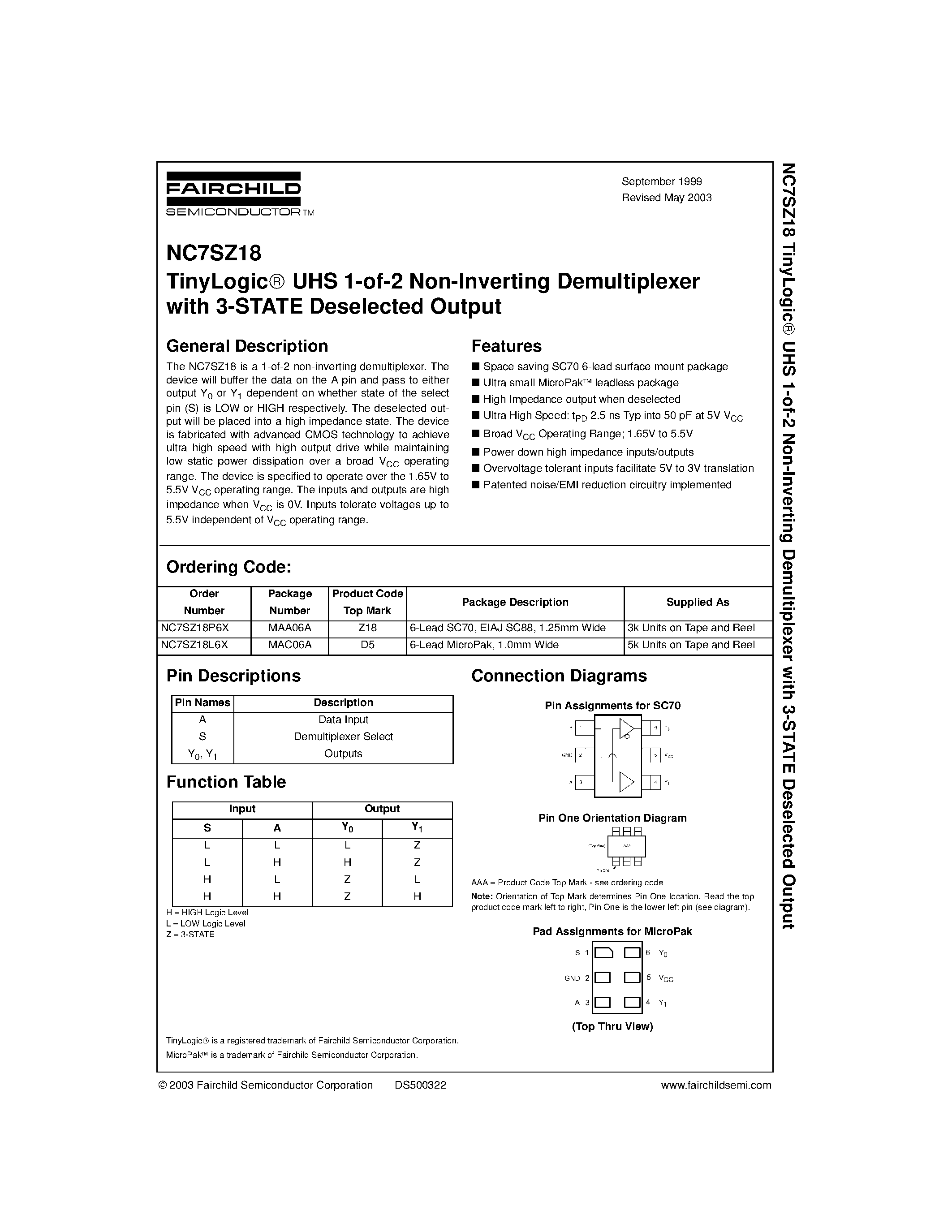 Datasheet NC7SZ18L6X - TinyLogic UHS 1-of-2 Non-Inverting Demultiplexer page 1