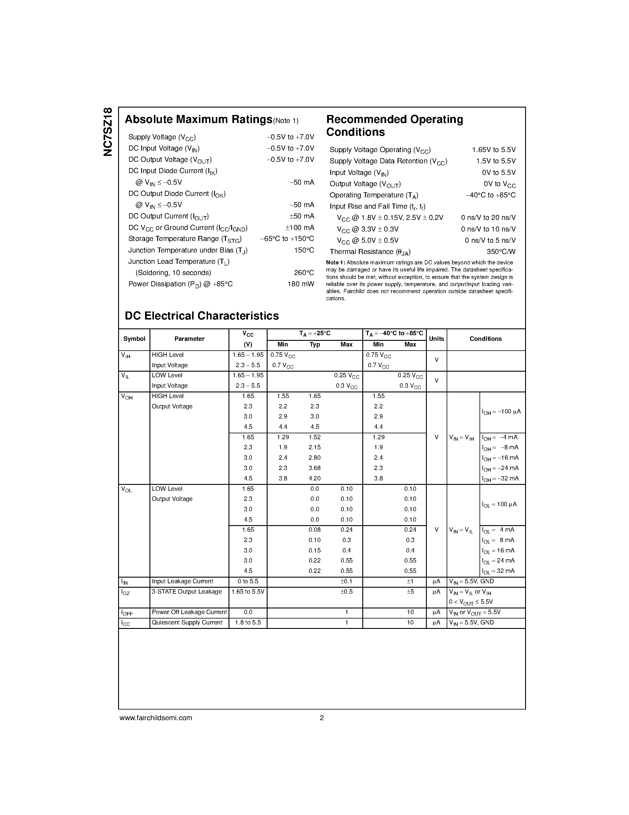 Datasheet NC7SZ18P6X - TinyLogic UHS 1-of-2 Non-Inverting Demultiplexer page 2