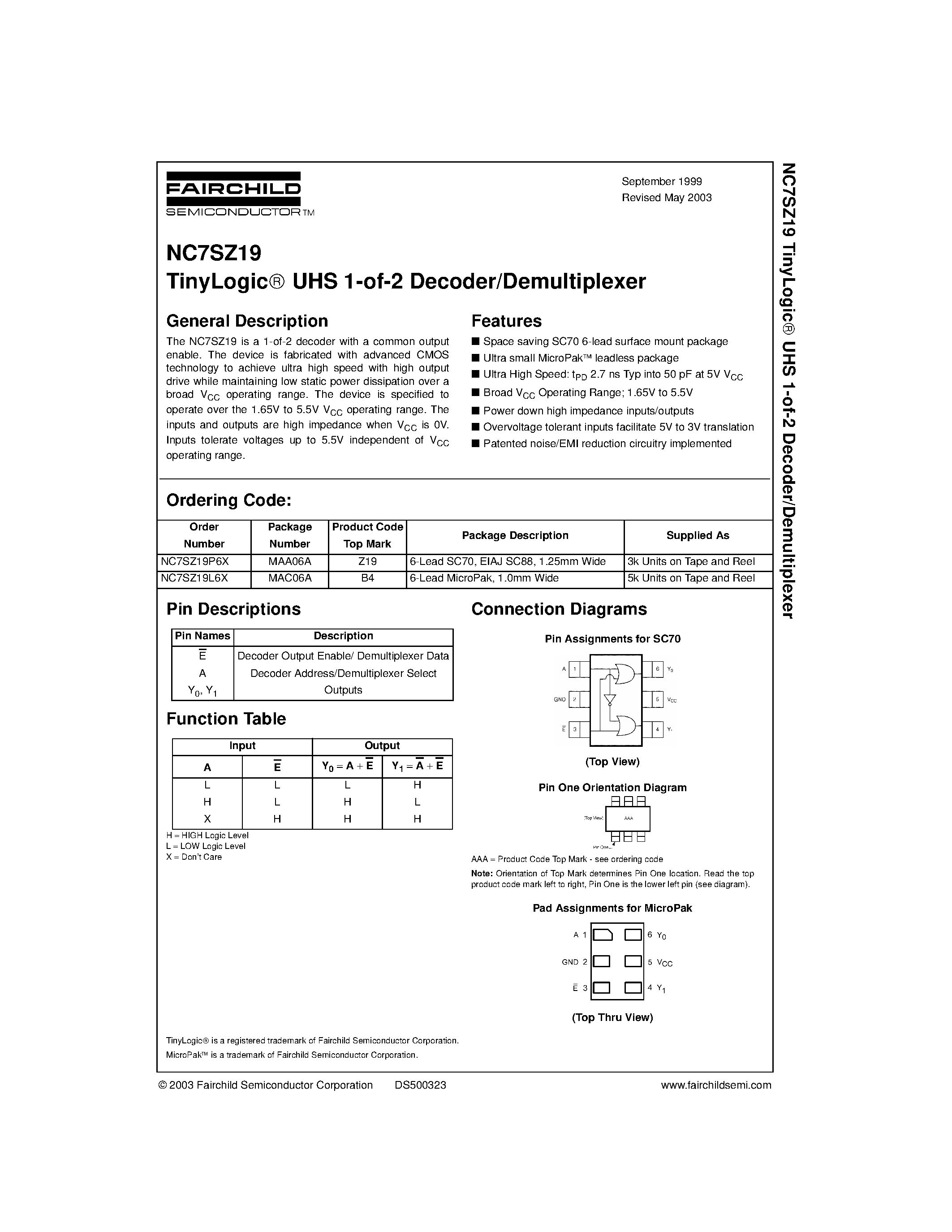 Datasheet NC7SZ19L6 - TinyLogic UHS 1-of-2 Decoder/Demultiplexer page 1