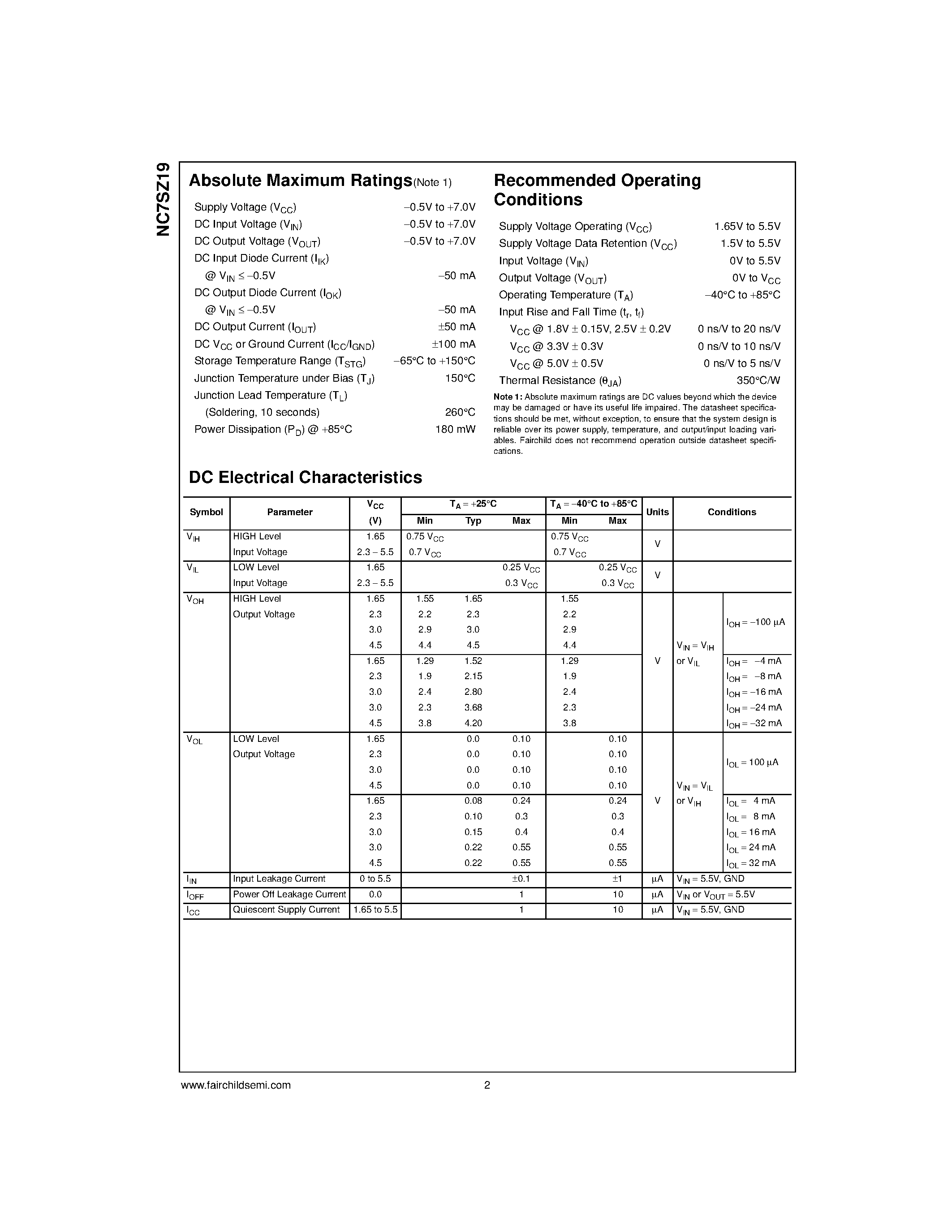 Datasheet NC7SZ19L6X - TinyLogic UHS 1-of-2 Decoder/Demultiplexer page 2