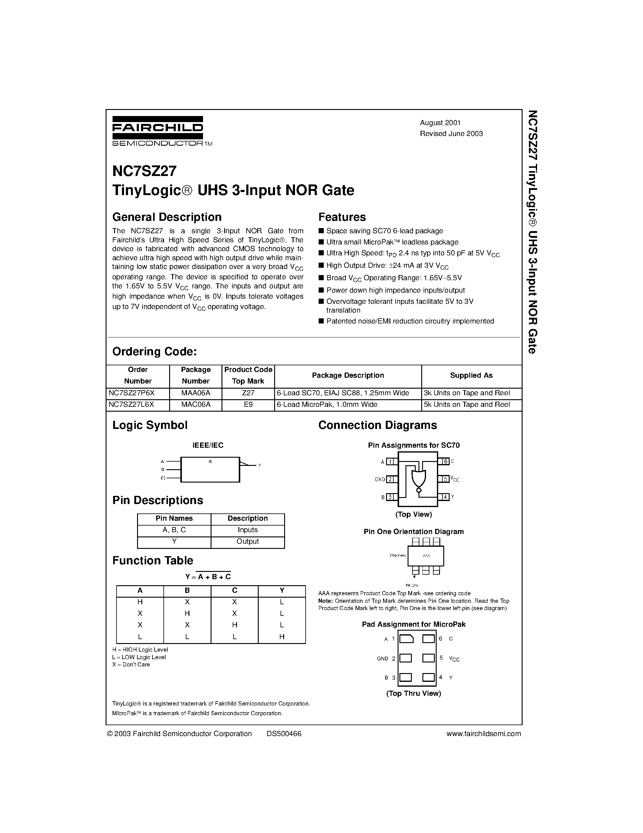 Datasheet NC7SZ27 - TinyLogic UHS 3-Input NOR Gate page 1