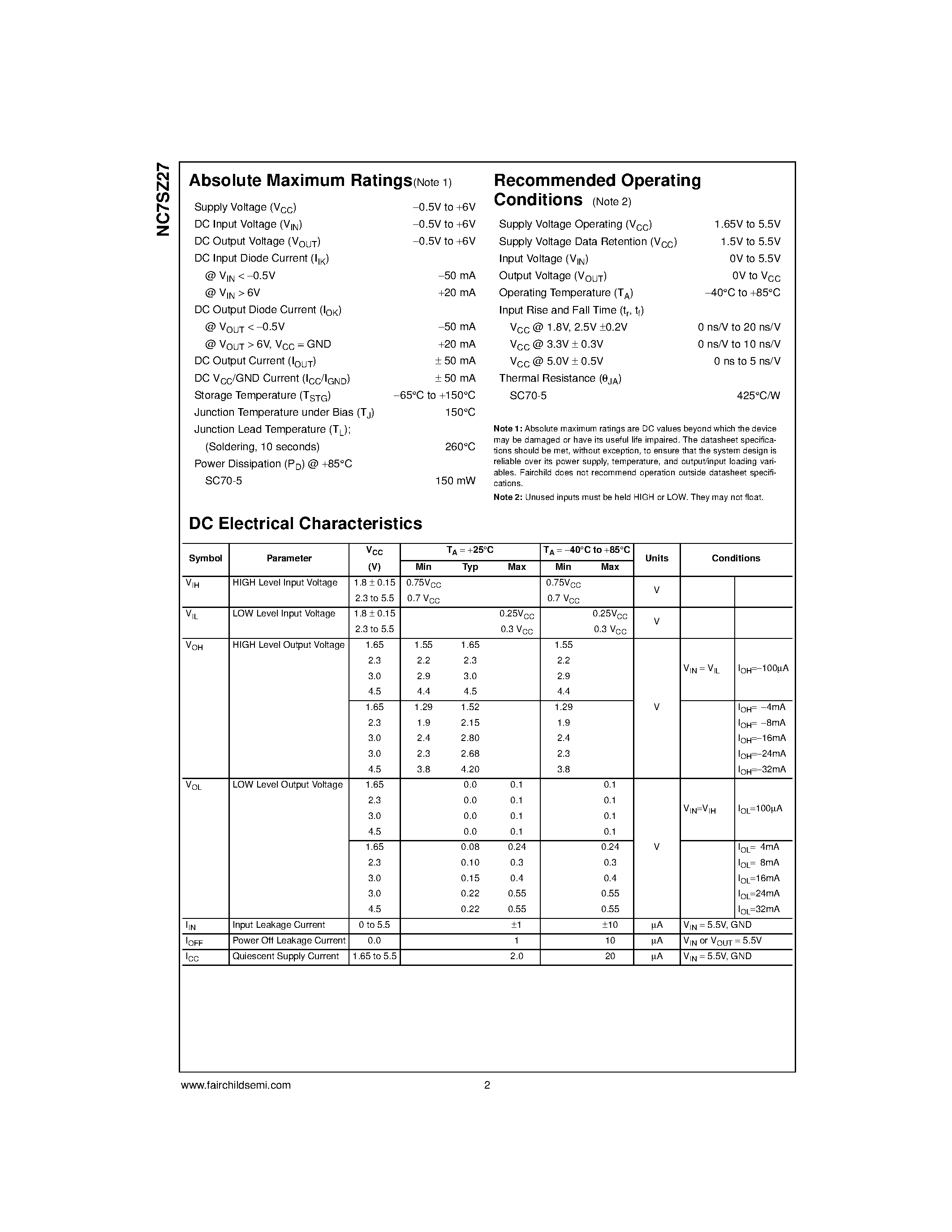 Datasheet NC7SZ27P6X - TinyLogic UHS 3-Input NOR Gate page 2