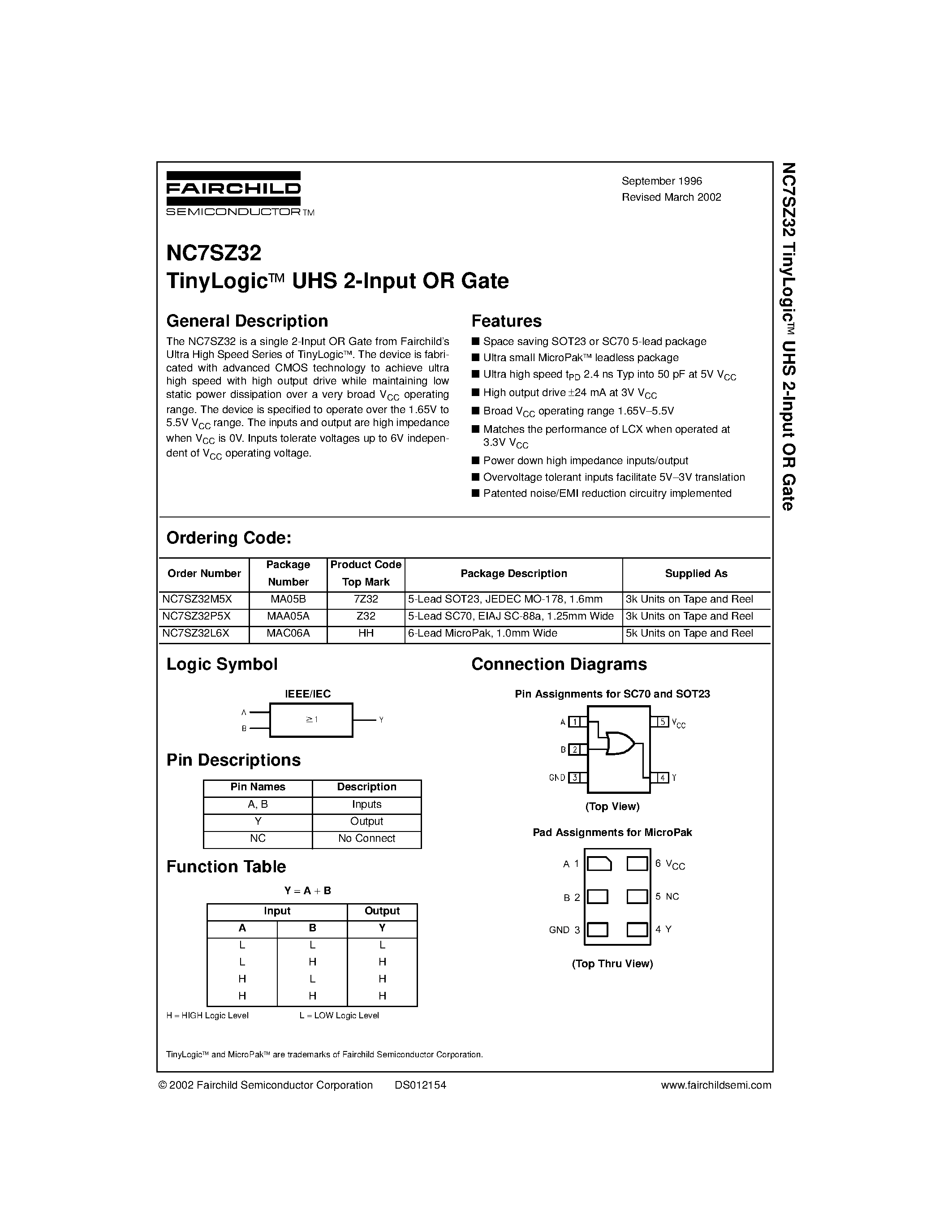 Datasheet NC7SZ32M5 - TinyLogic UHS 2-Input OR Gate page 1