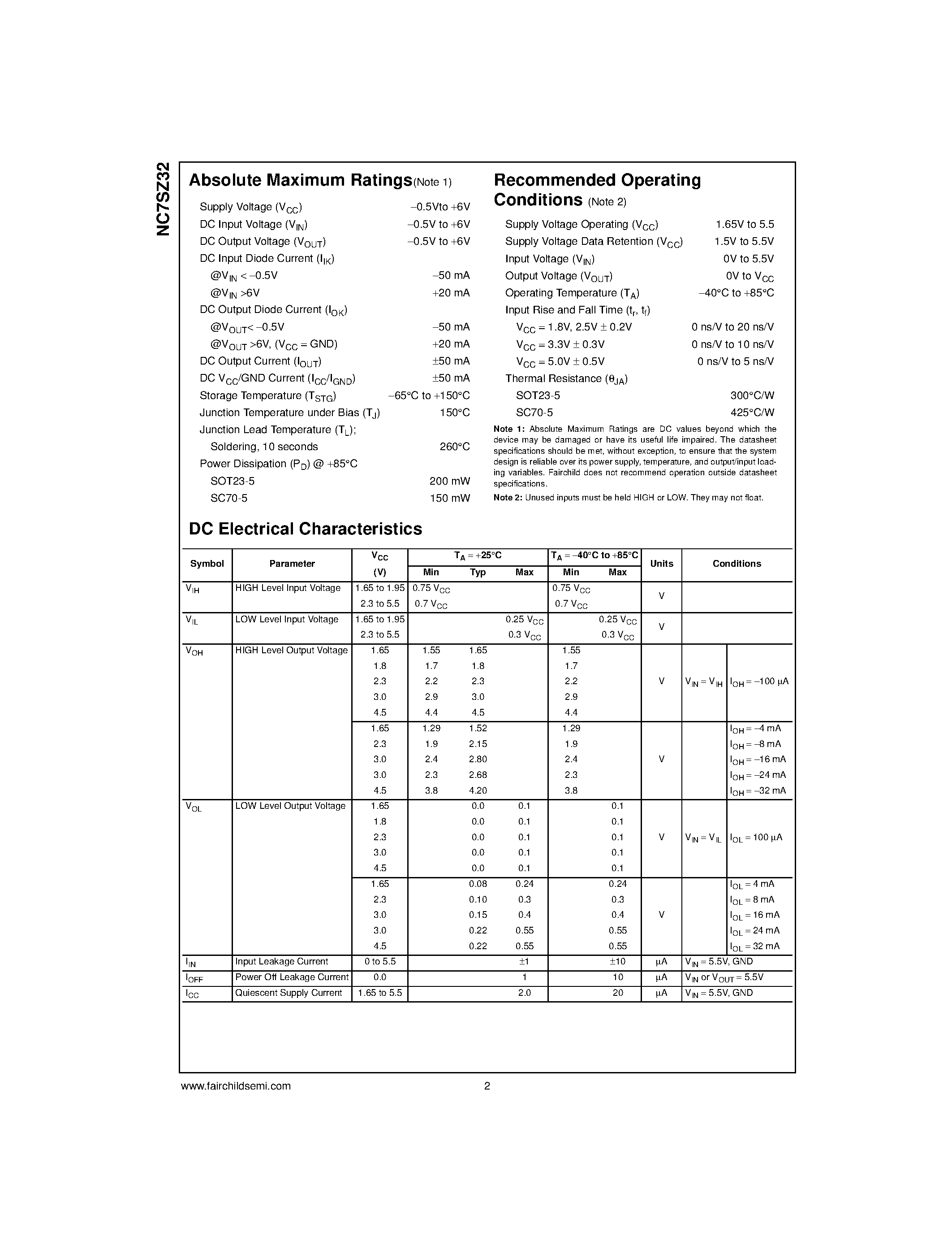 Datasheet NC7SZ32M5 - TinyLogic UHS 2-Input OR Gate page 2