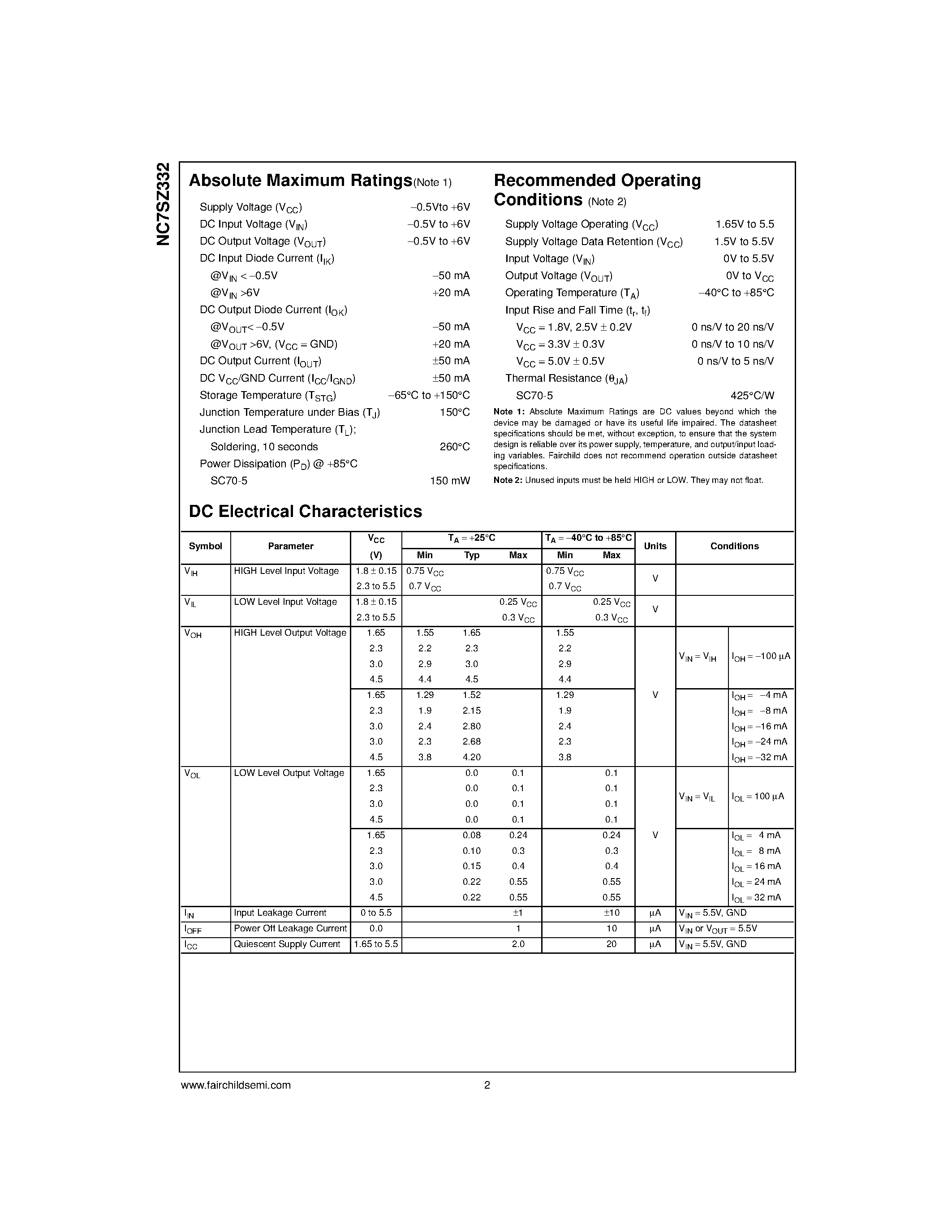 Datasheet NC7SZ332L6X page 2 Datasheet NC7SZ332L6X - TinyLogic UHS 3-Input OR Gate page 2