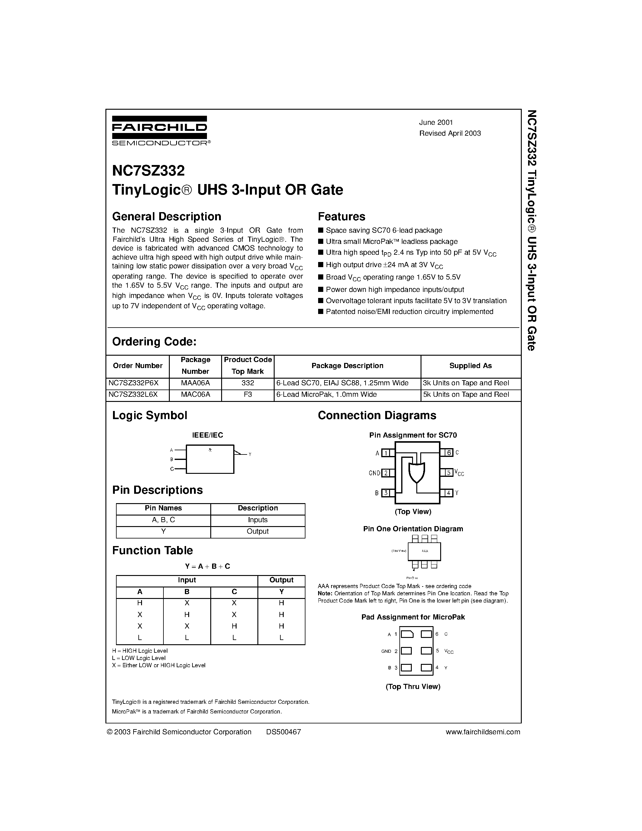Datasheet NC7SZ332P6X - TinyLogic UHS 3-Input OR Gate page 1