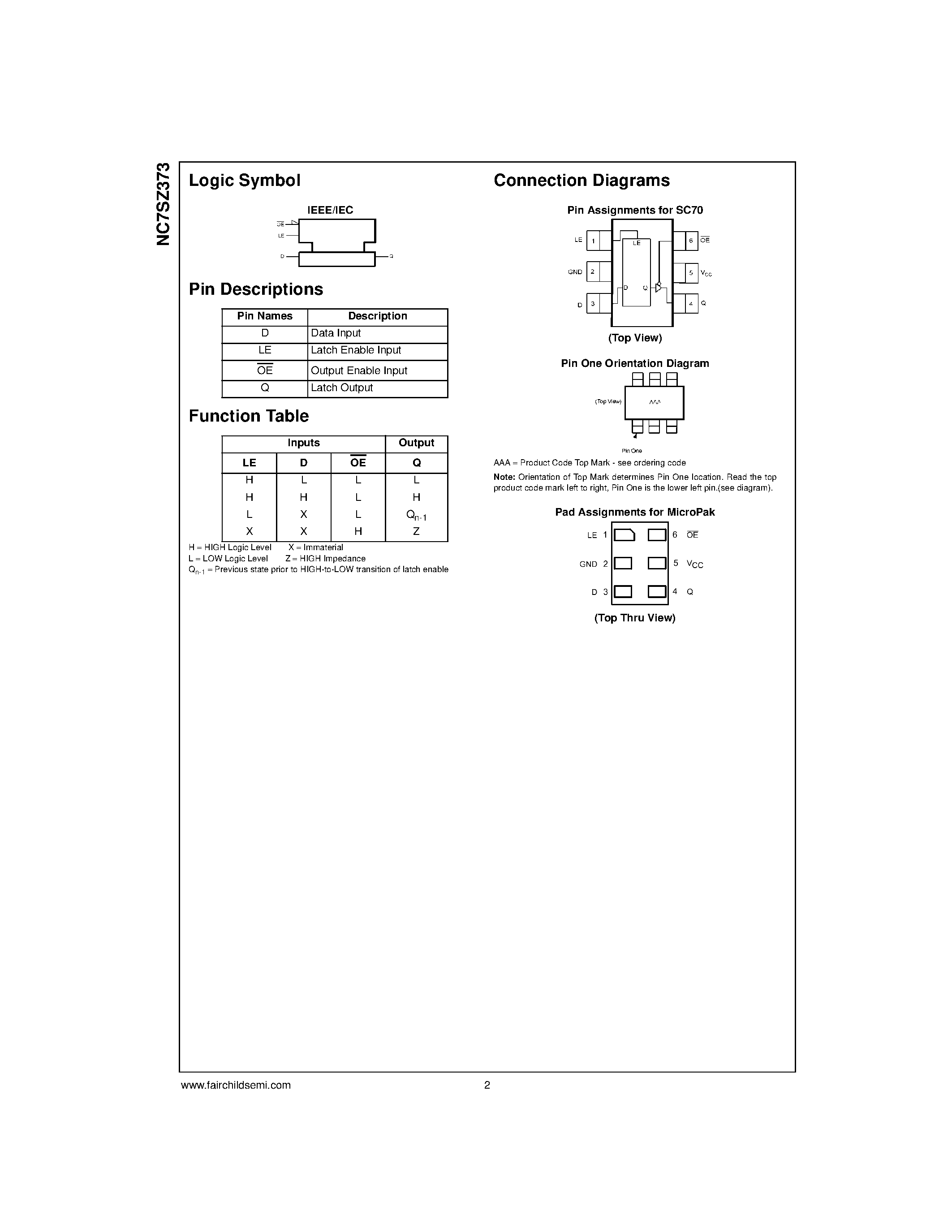 Даташит NC7SZ373L6X - TinyLogic UHS D-Type Latch with 3-STATE Output страница 2
