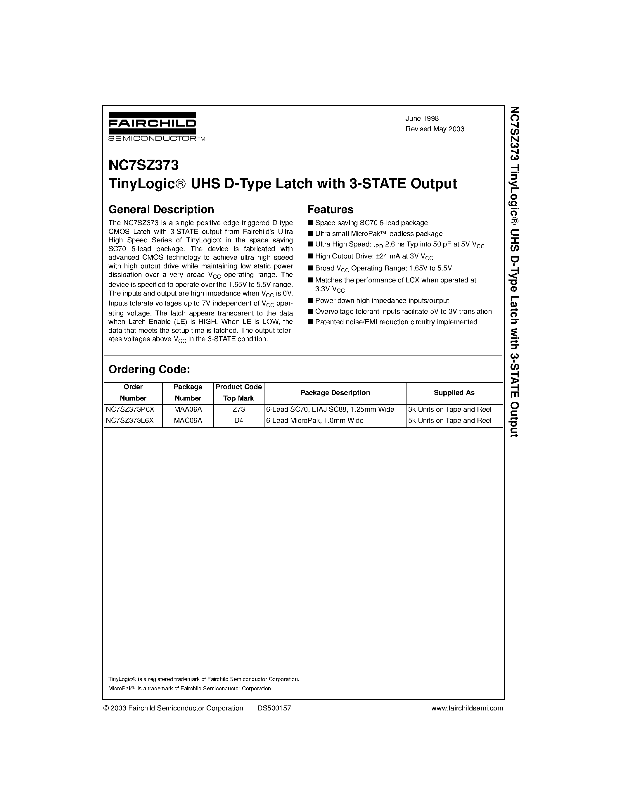 Даташит NC7SZ373P6X - TinyLogic UHS D-Type Latch with 3-STATE Output страница 1