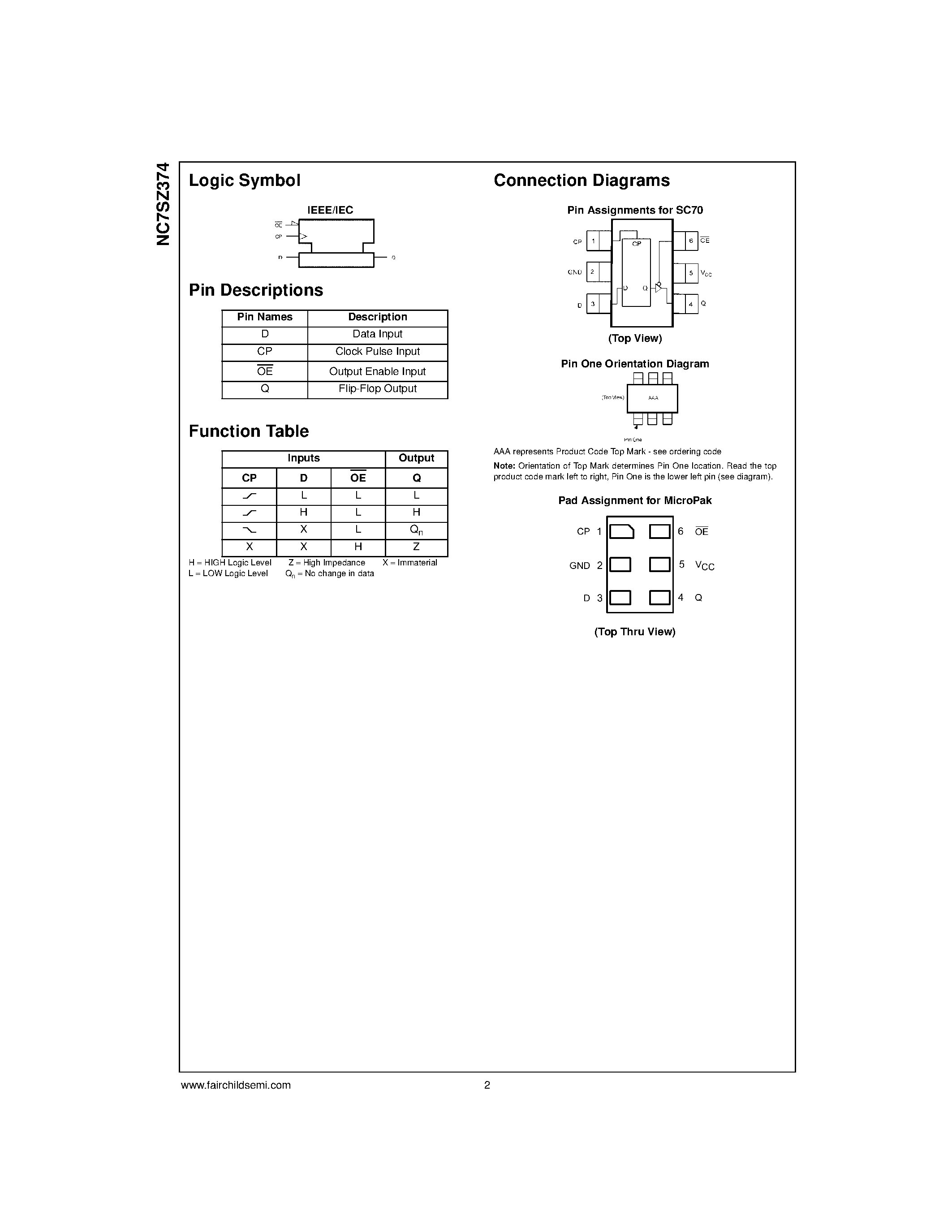 Даташит NC7SZ374L6X - TinyLogic UHS D-Type Flip-Flop with 3-STATE Output страница 2