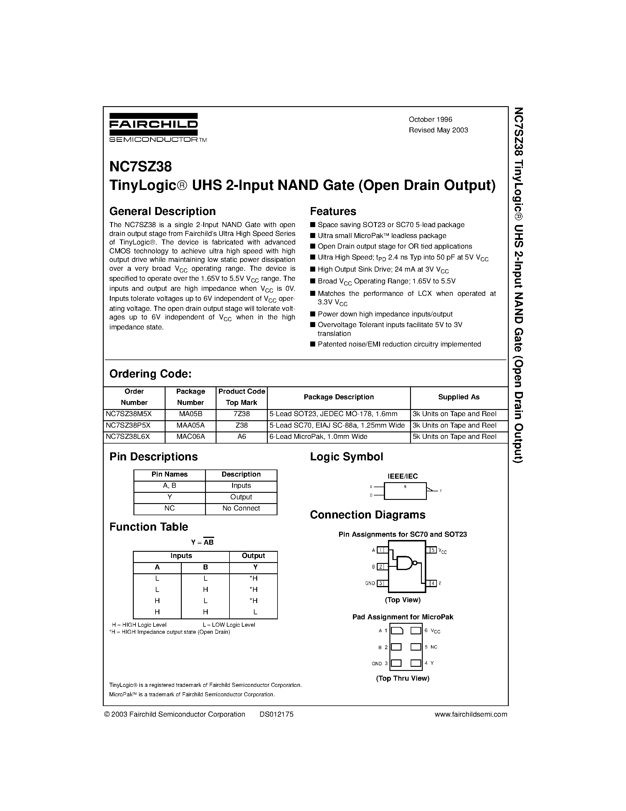Datasheet NC7SZ38 - TinyLogic UHS 2-Input NAND Gate (Open Drain Output) page 1