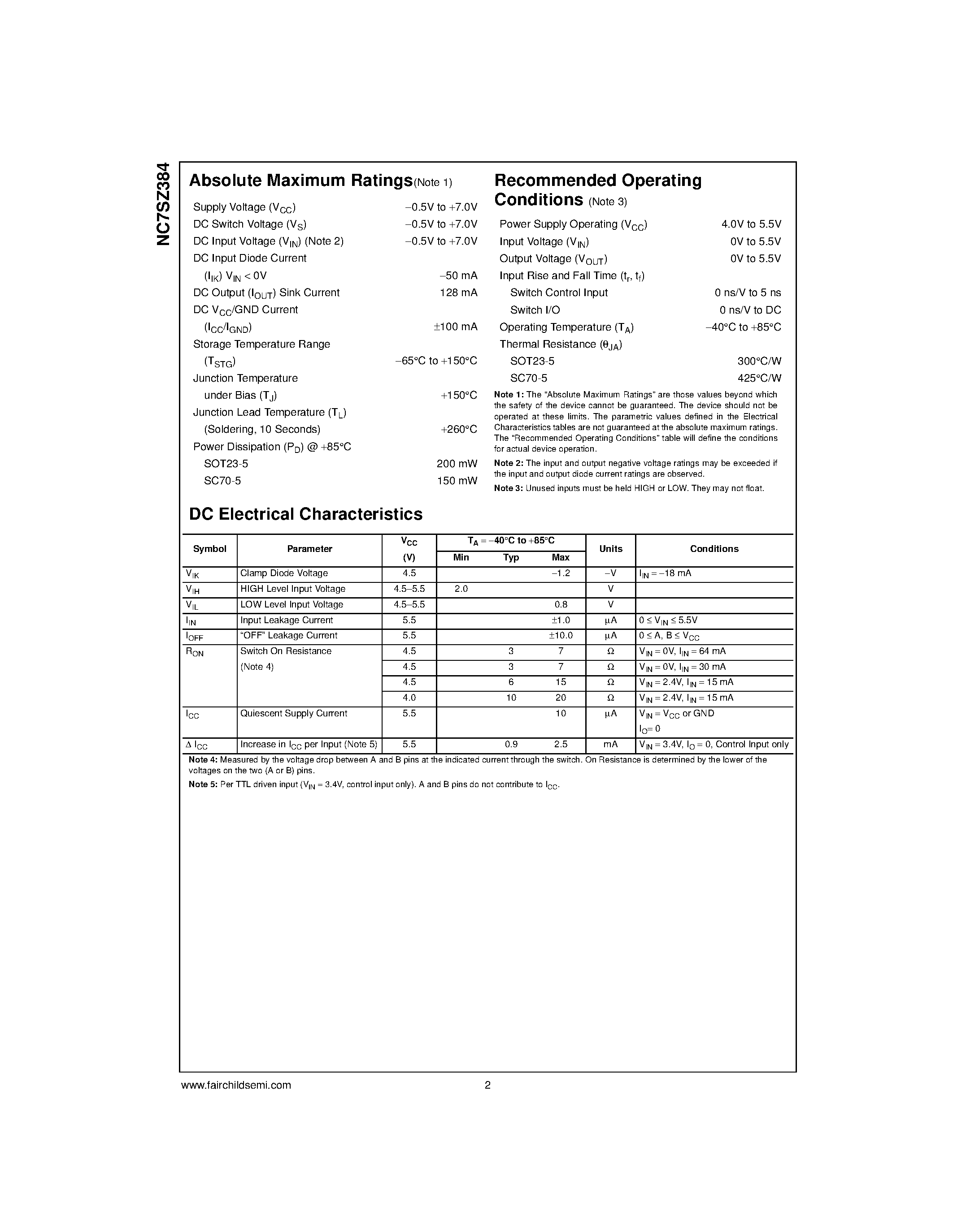 Datasheet NC7SZ384 - TinyLogic UHS 1-Bit Low Power Bus Switch page 2