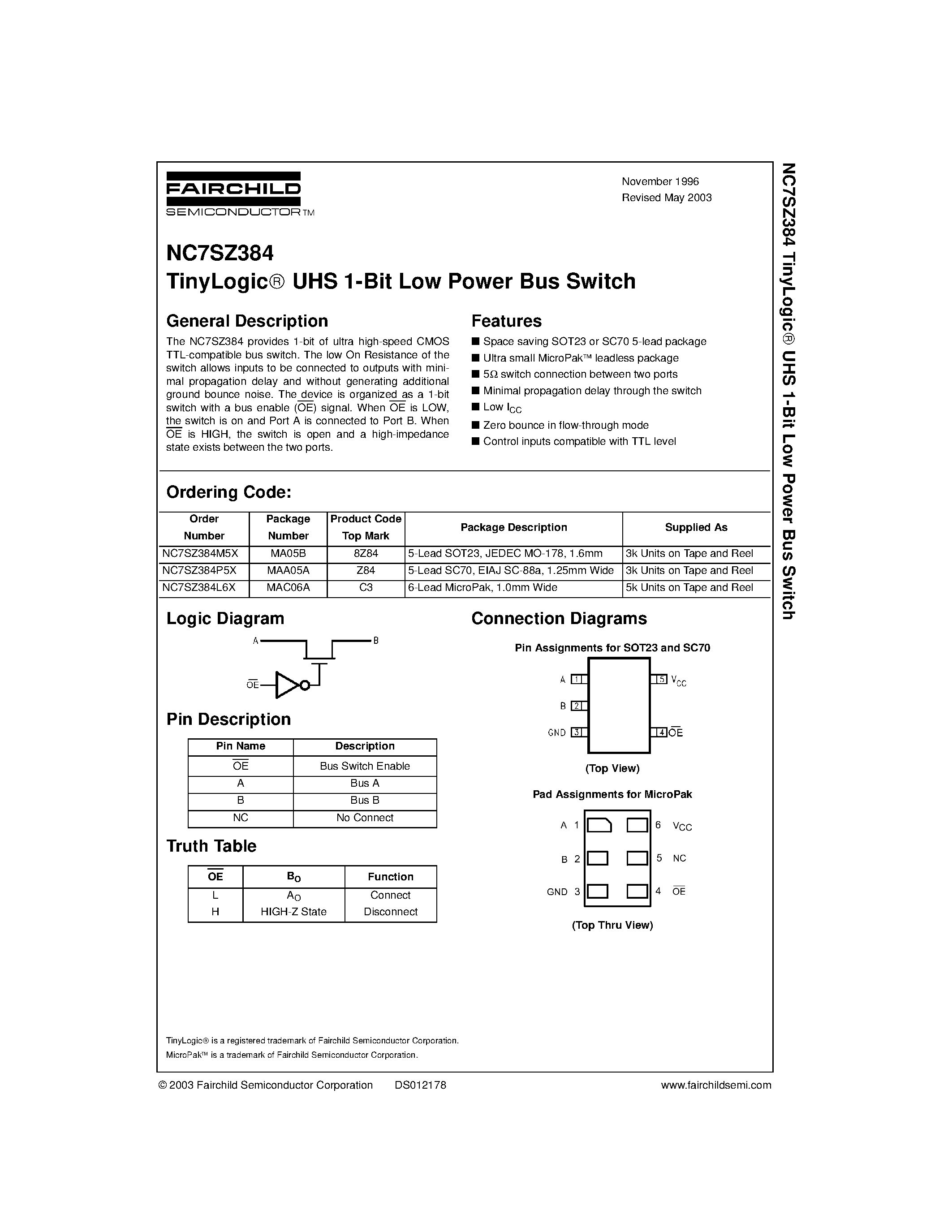 Datasheet NC7SZ384L6X - TinyLogic UHS 1-Bit Low Power Bus Switch page 1