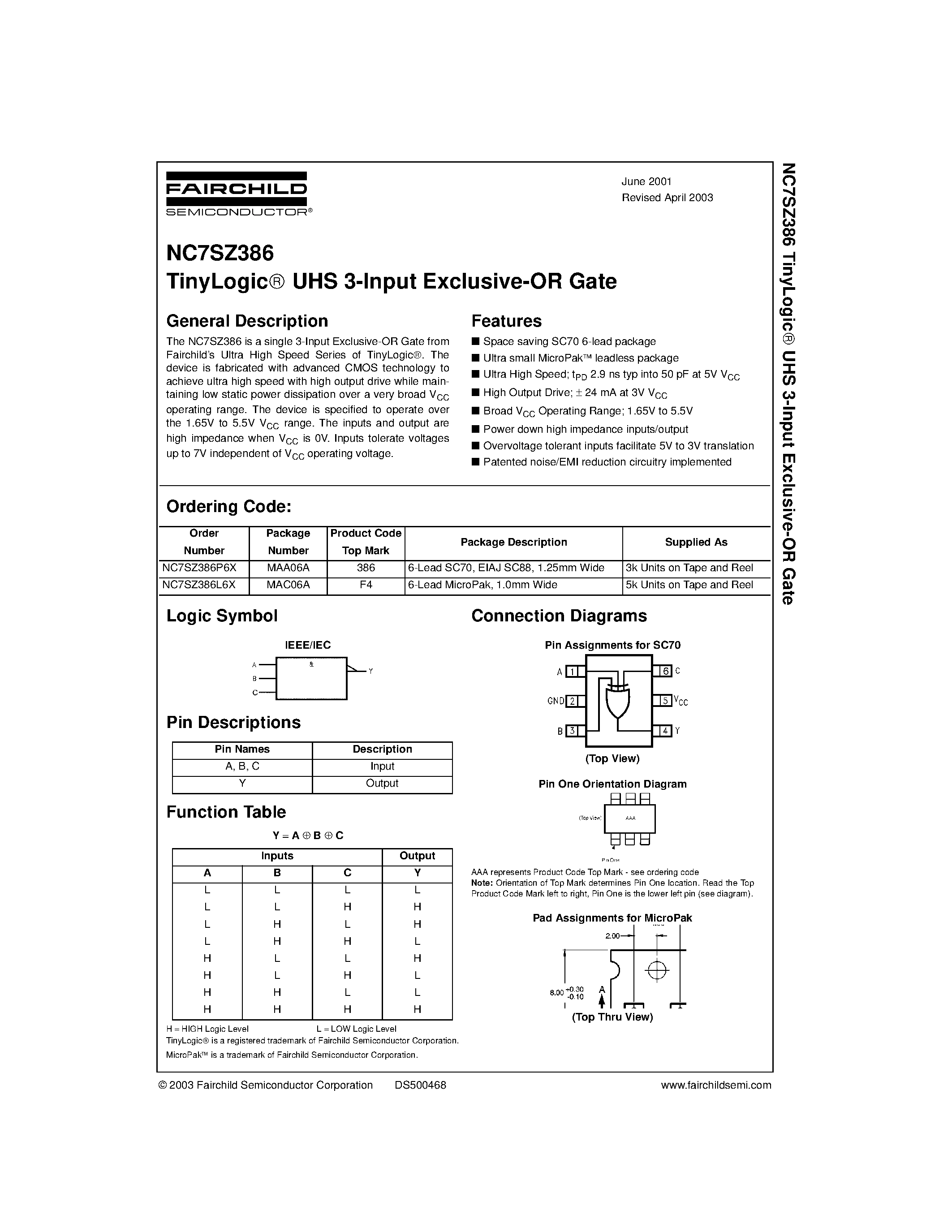 Datasheet NC7SZ386 - TinyLogic UHS 3-Input Exclusive-OR Gate page 1