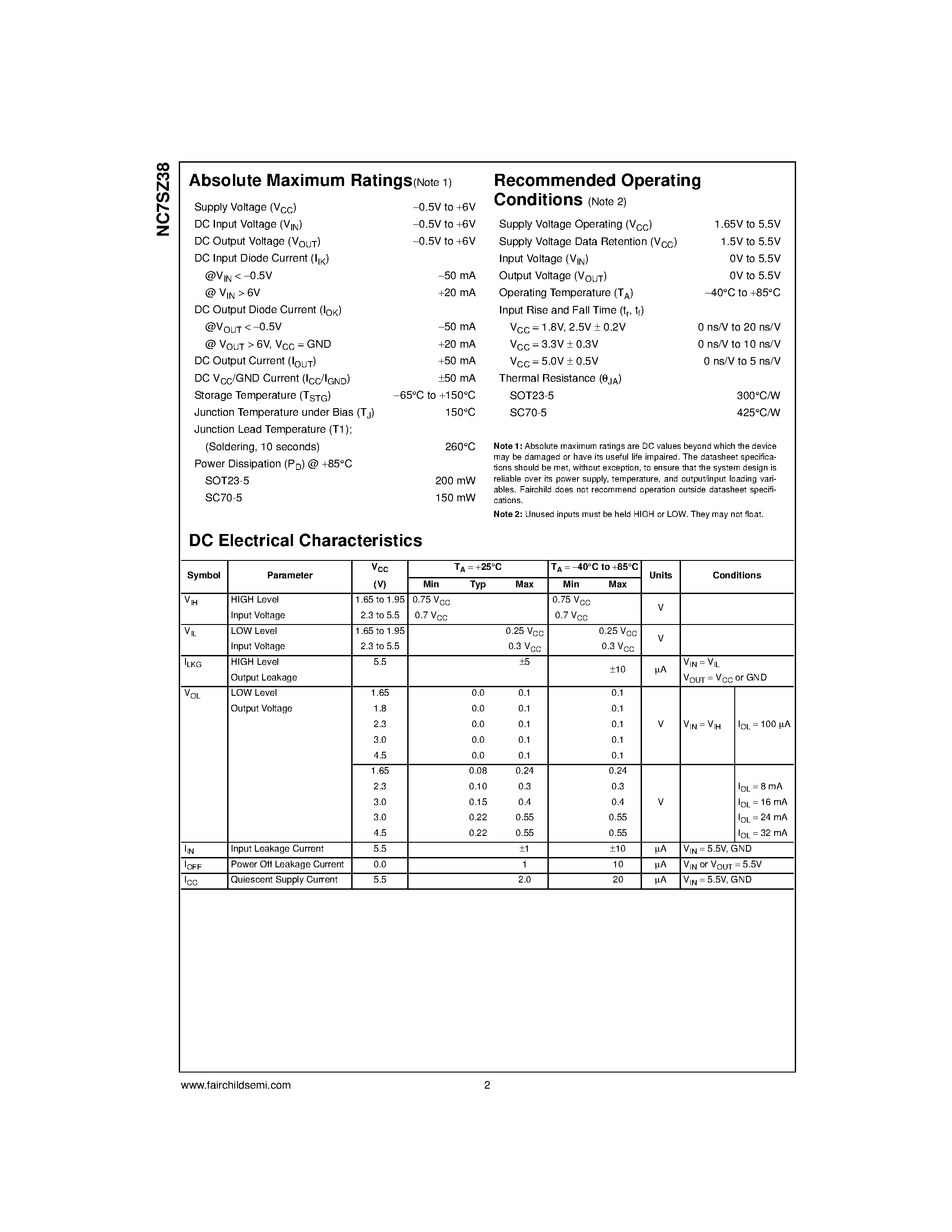 Datasheet NC7SZ38P5X - TinyLogic UHS 2-Input NAND Gate (Open Drain Output) page 2