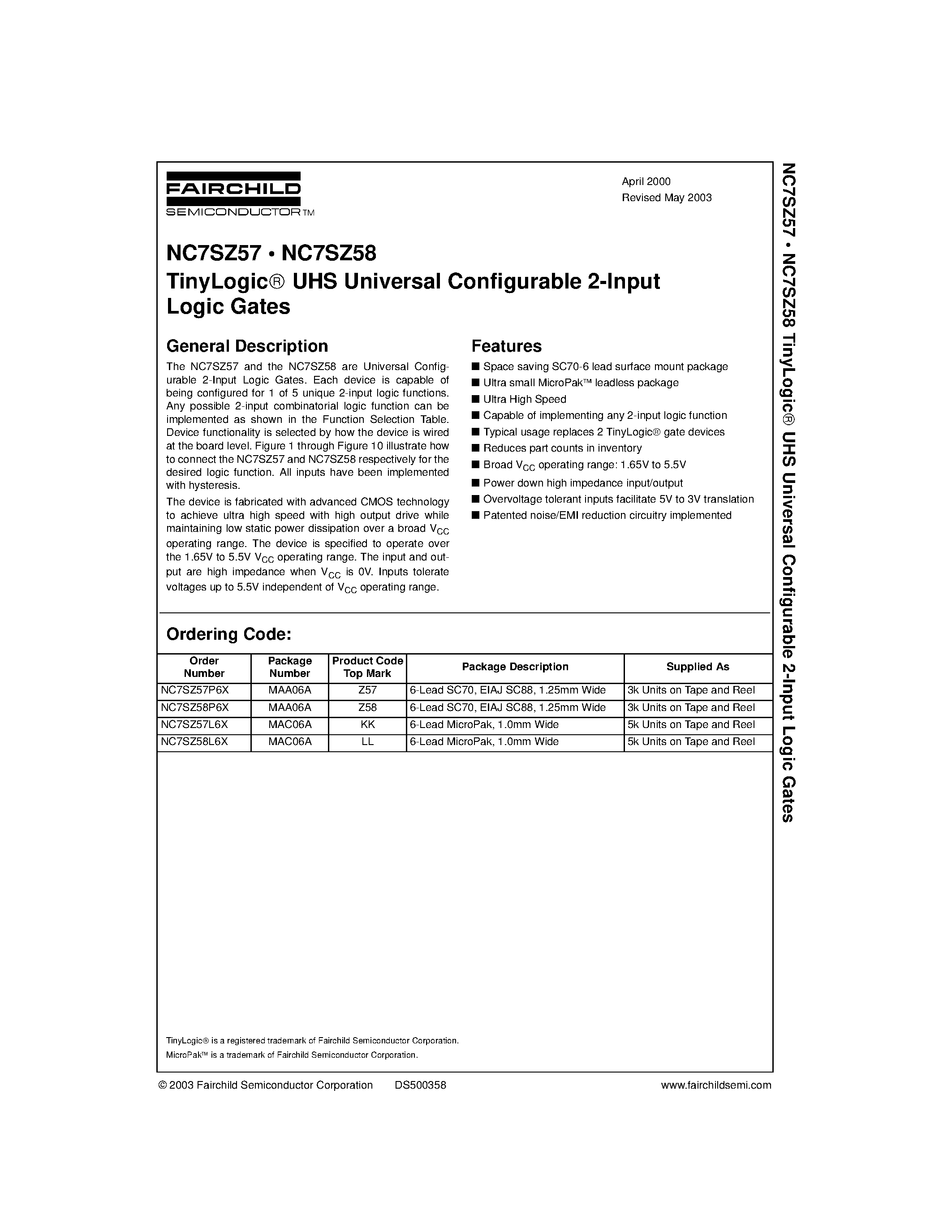 Datasheet NC7SZ57L6X - TinyLogic UHS Universal Configurable 2-Input page 1