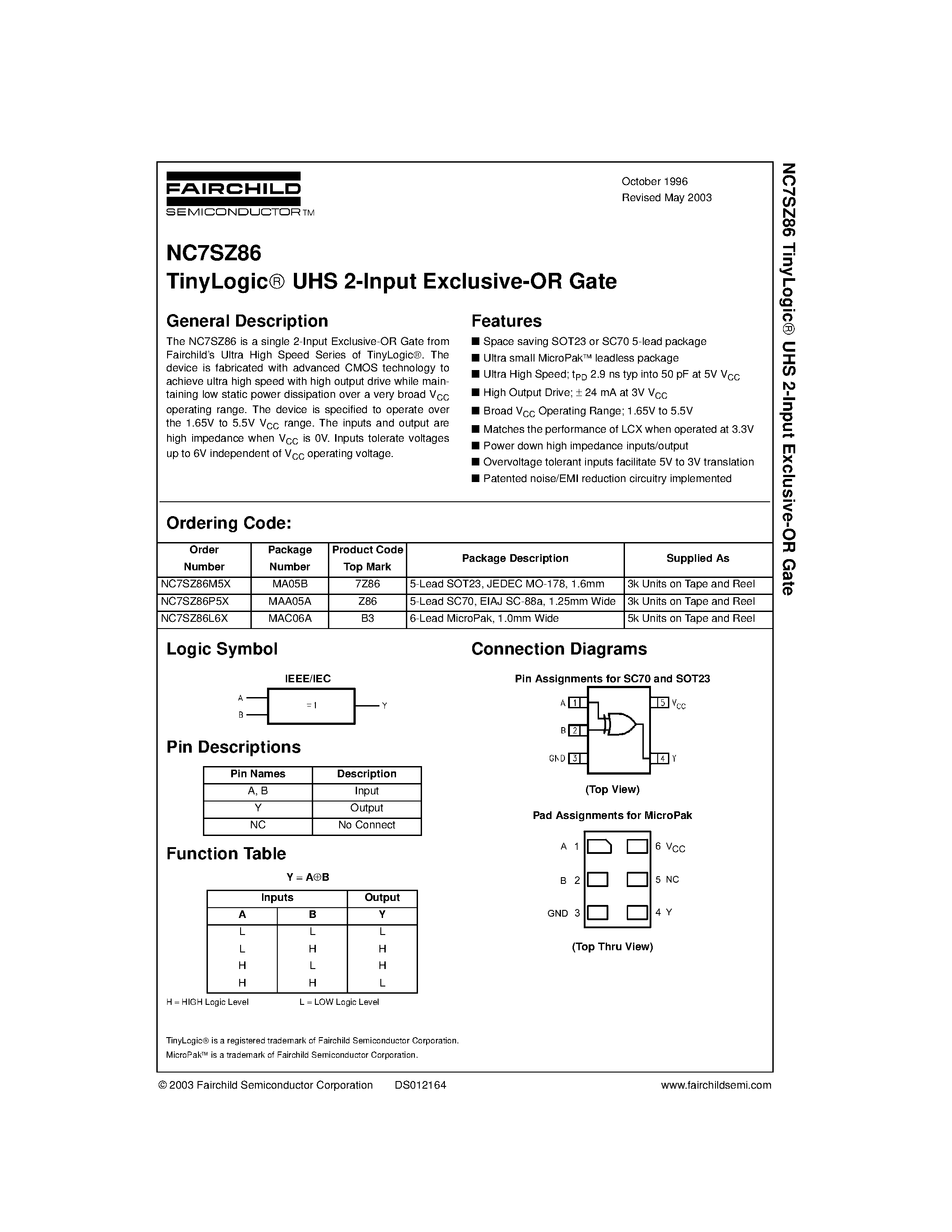 Datasheet NC7SZ86L6X - TinyLogic UHS 2-Input Exclusive-OR Gate page 1