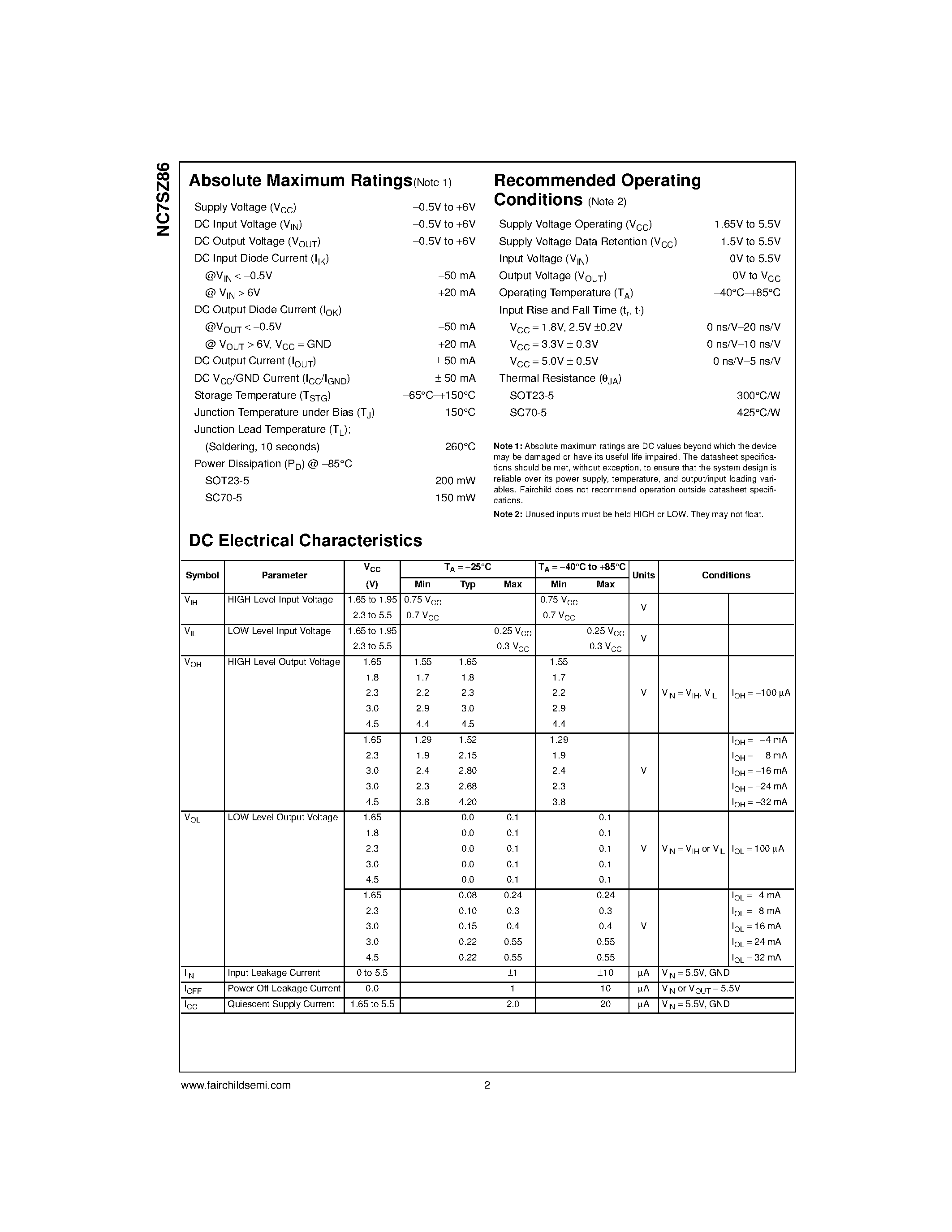 Datasheet NC7SZ86L6X - TinyLogic UHS 2-Input Exclusive-OR Gate page 2